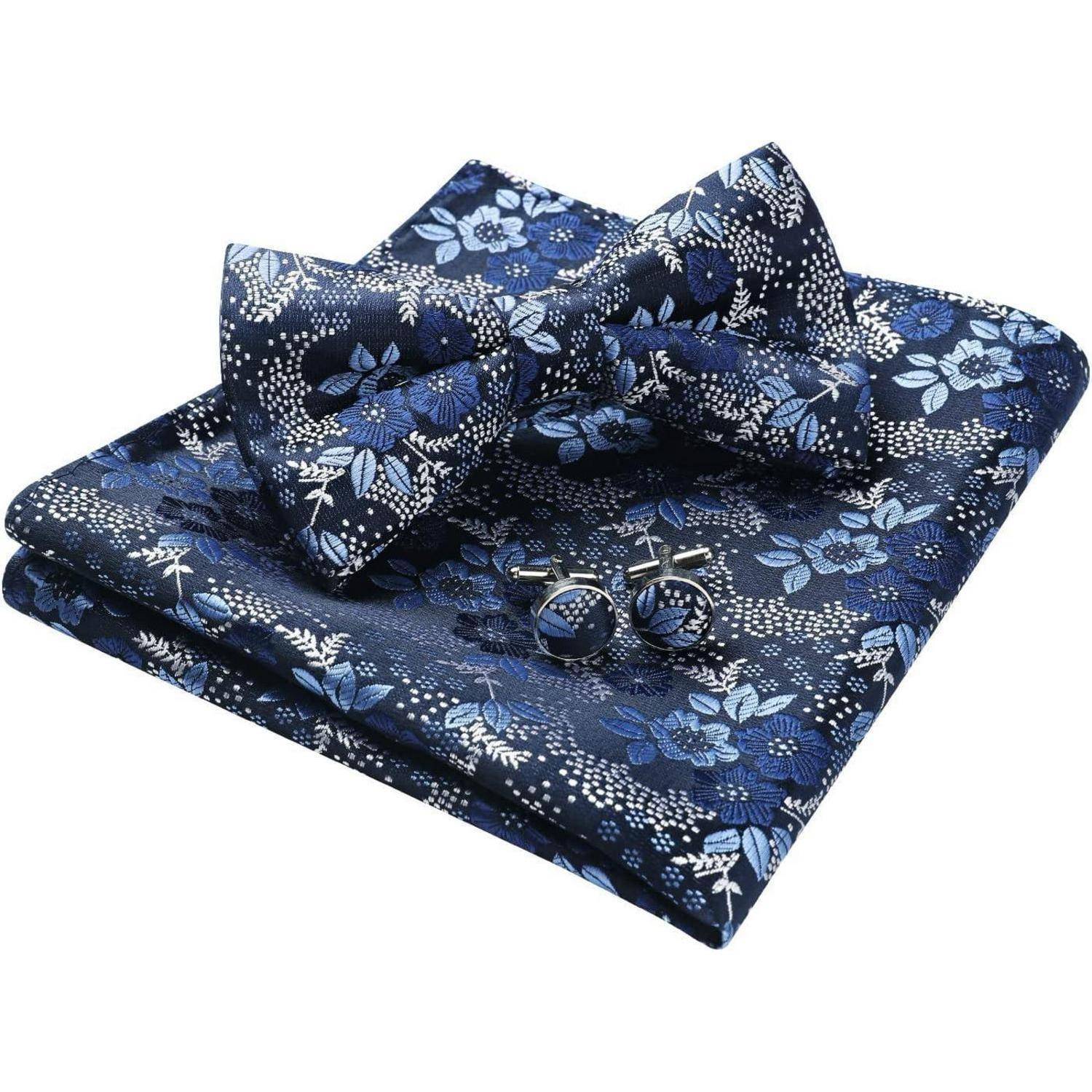Blaue Blumen-Fliege, Einstecktuch und Manschettenknöpfe-Set mit weißen Akzenten, entworfen für formelle Anlässe.