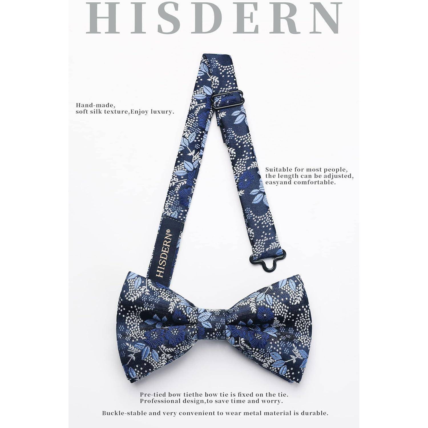 Eine blaue Blumen-Fliege mit verstellbarem Gurt und 'HISDERN' Branding. Begleitet von Text, der Luxus, Komfort und Haltbarkeit hervorhebt.