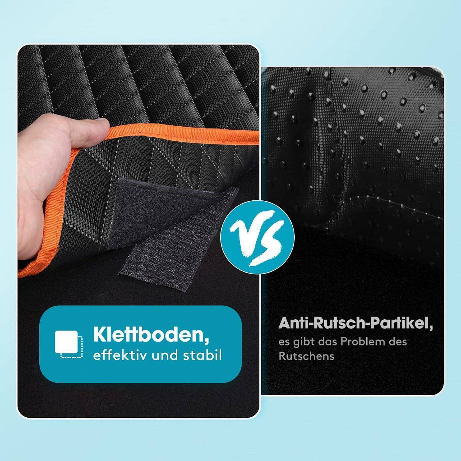 Klettverschluss-Boden, effektiv und stabil' vs 'Anti-Rutsch-Partikel, es gibt das Problem des Rutschens'. Vergleich zweier Bodenbelagsarten.