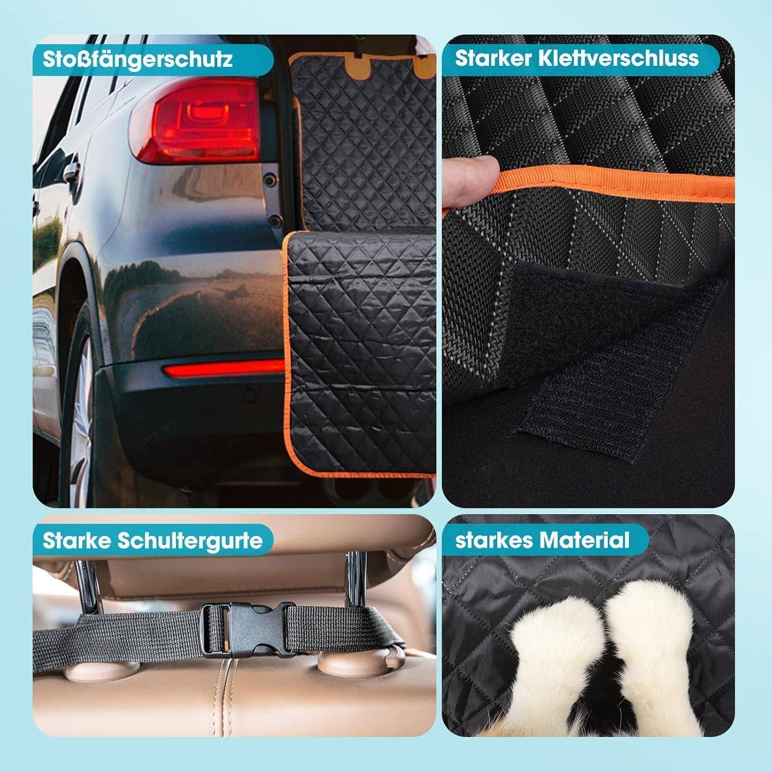 Das Bild zeigt einen Autositz-Schonbezug für Haustiere mit Details: Stoßstangenschutz, starkes Klettverschluss, strapazierfähige Schultergurte und robustes Material.