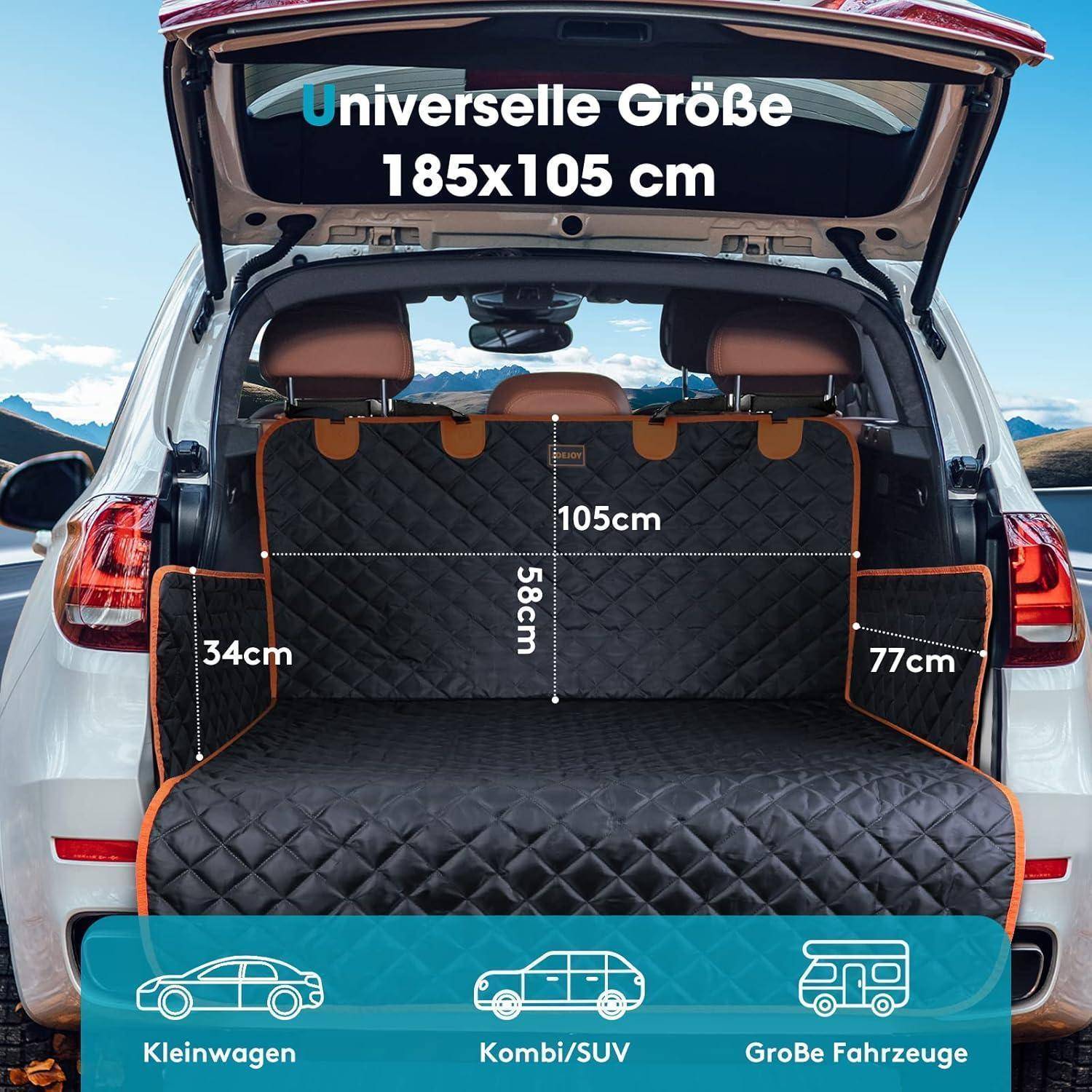 Kofferraum mit Schutzauskleidung in bergiger Landschaft geöffnet; beschriftete Maße: 185x105 cm. Symbole deuten auf Eignung für Kleinwagen, SUVs und Großfahrzeuge.