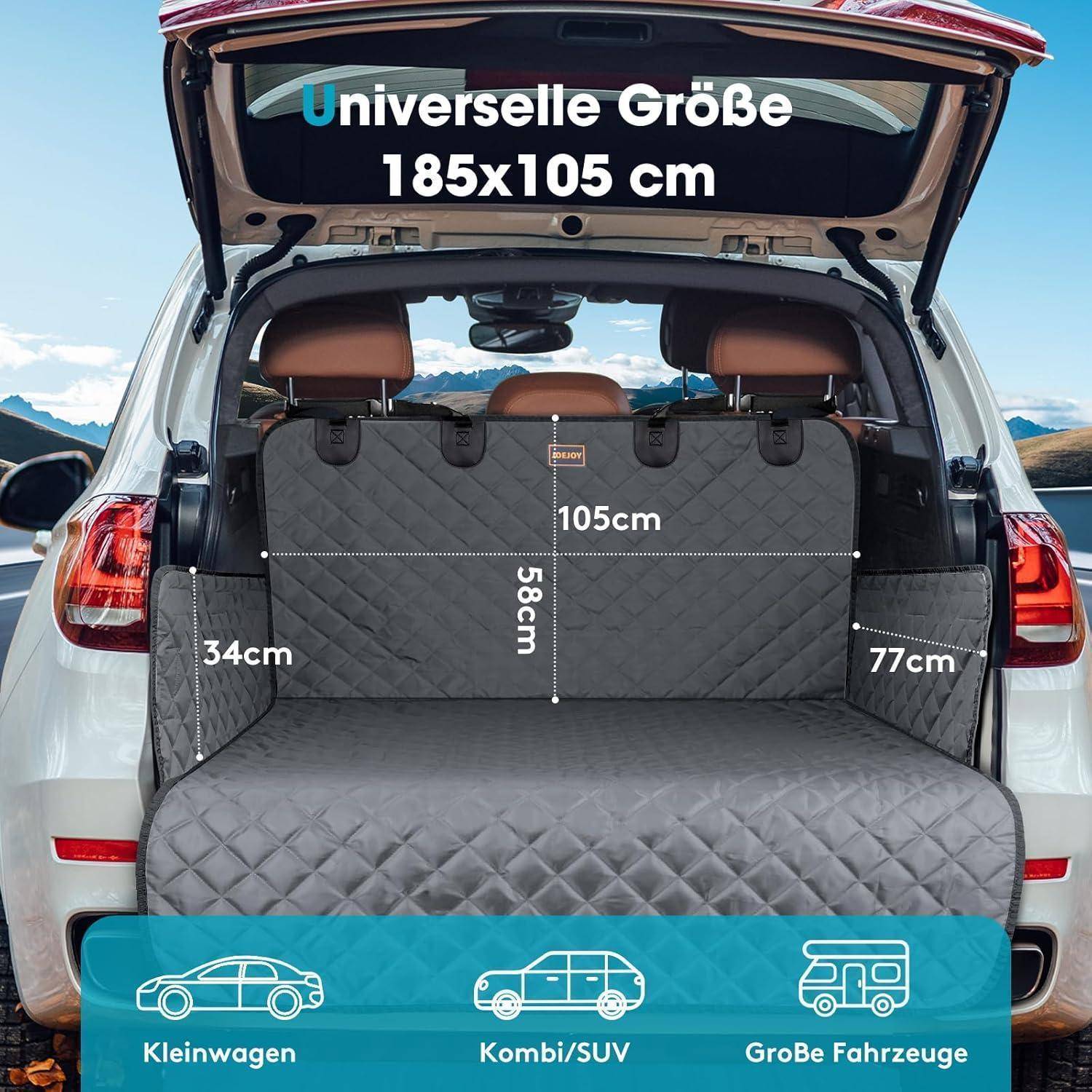 Geöffneter Kofferraum mit einer gesteppten Kofferraumauskleidung, deren Abmessungen wie folgt gekennzeichnet sind: 185 cm breit, 105 cm lang, geeignet für Kleinwagen, Kombis und große Fahrzeuge.