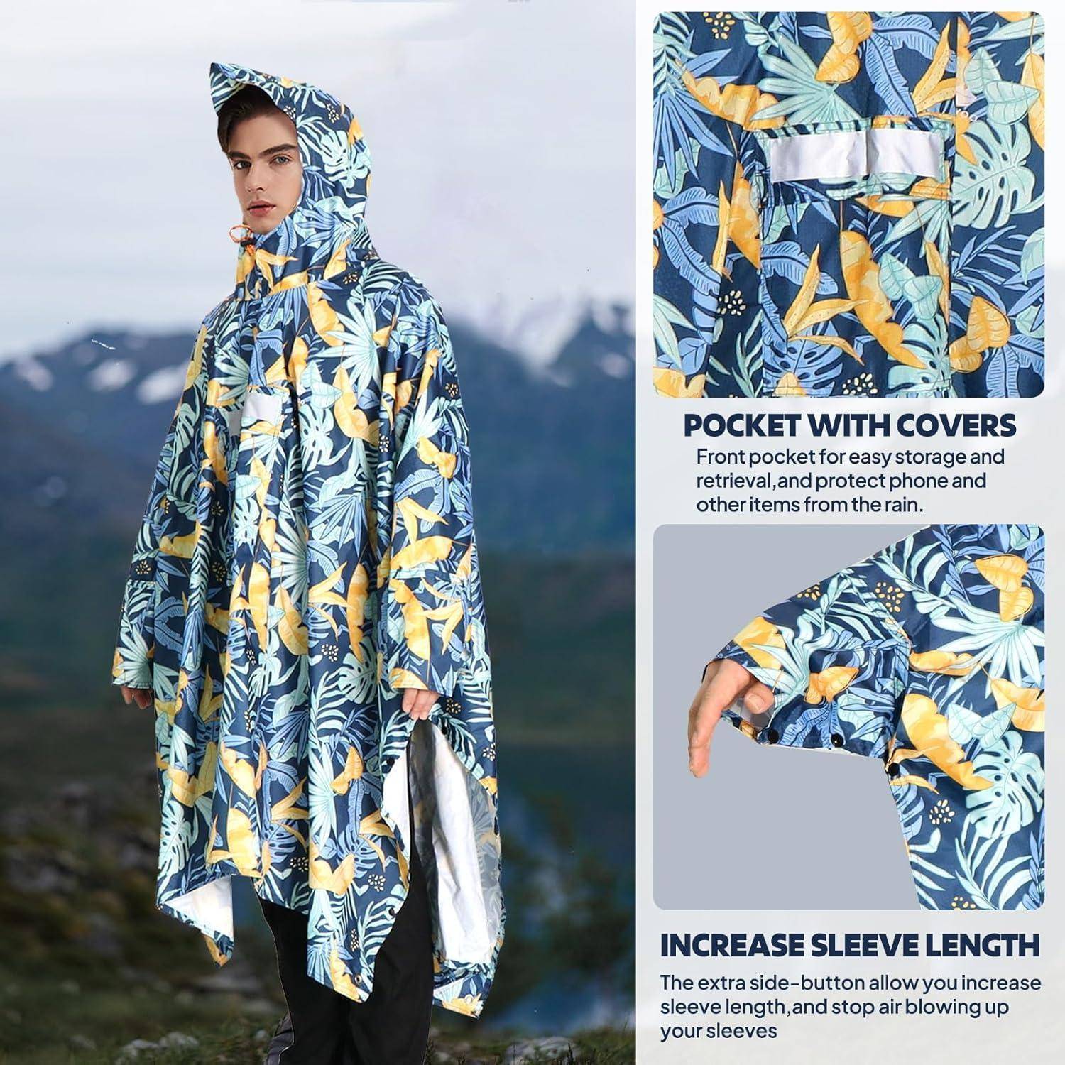 Eine Person trägt einen Regenponcho mit Blumenmuster in einem bergigen Gebiet. Einschübe zeigen eine Tasche mit Abdeckungen zur Aufbewahrung und verstellbare Ärmellänge.