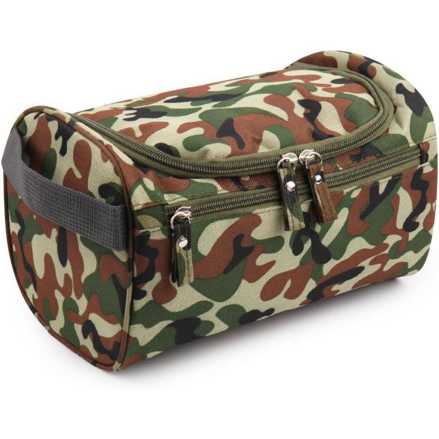 Toilettasche mit Camouflage-Muster, zwei Reißverschlüssen und einem seitlichen Griff.