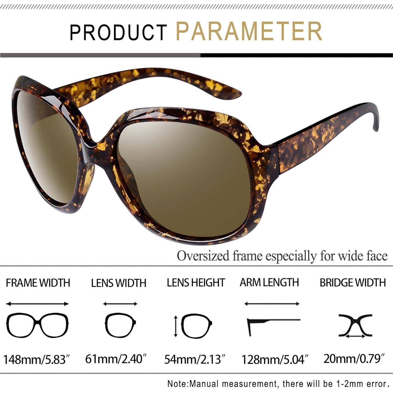 Übergroße Sonnenbrille mit Schildpattrahmen. Abmessungen: Rahmenbreite 148 mm, Linsenbreite 61 mm, Linsenhöhe 54 mm, Bügellänge 128 mm, Stegbreite 20 mm.