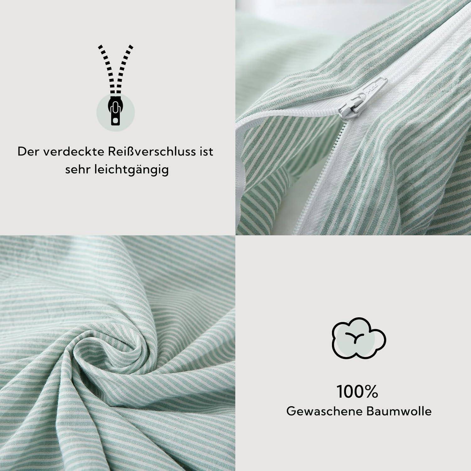 Bettwäsche-Set in Grün und Weiß mit verdecktem Reißverschluss, beschrieben als ‚sehr glatt'. Hergestellt aus ‚100% gewaschener Baumwolle'.