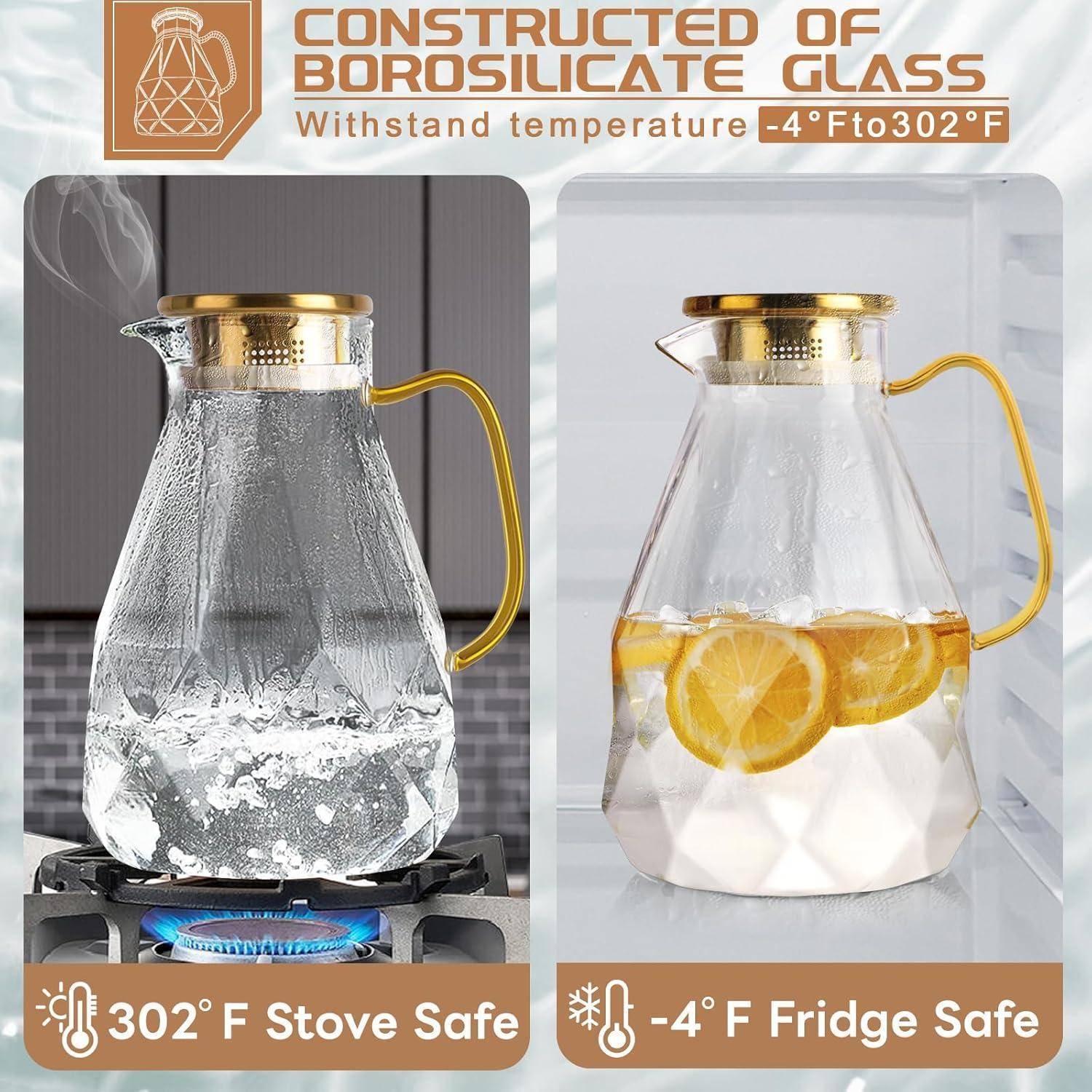 Glaskrug-Werbung mit zwei Bildern: eines mit kochendem Wasser auf einem Herd (302°F) und eines mit kaltem Zitronenwasser im Kühlschrank (-4°F).