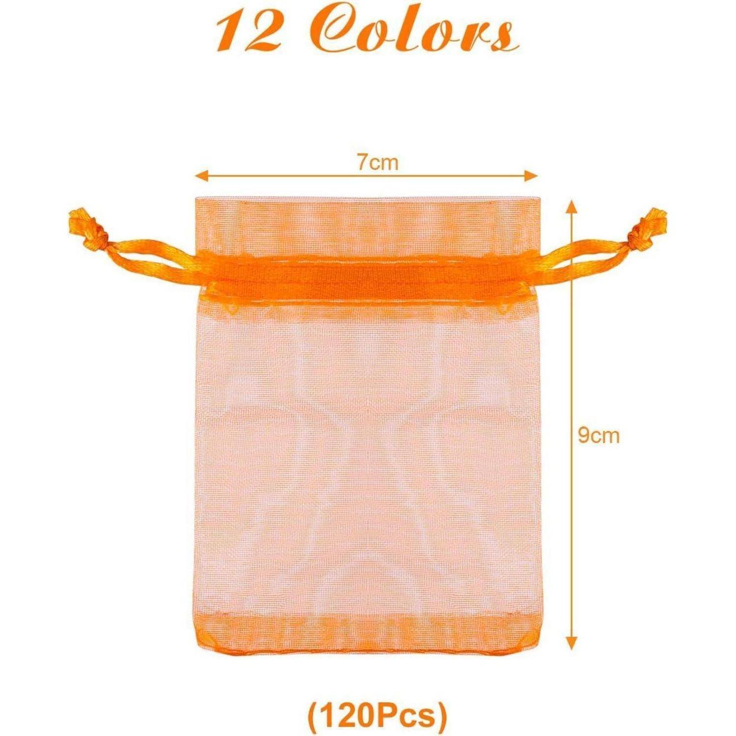 Eine orangefarbene Geschenktüte aus Netzstoff misst 7 cm x 9 cm. Der Text lautet '12 Farben', '120 Stück'.