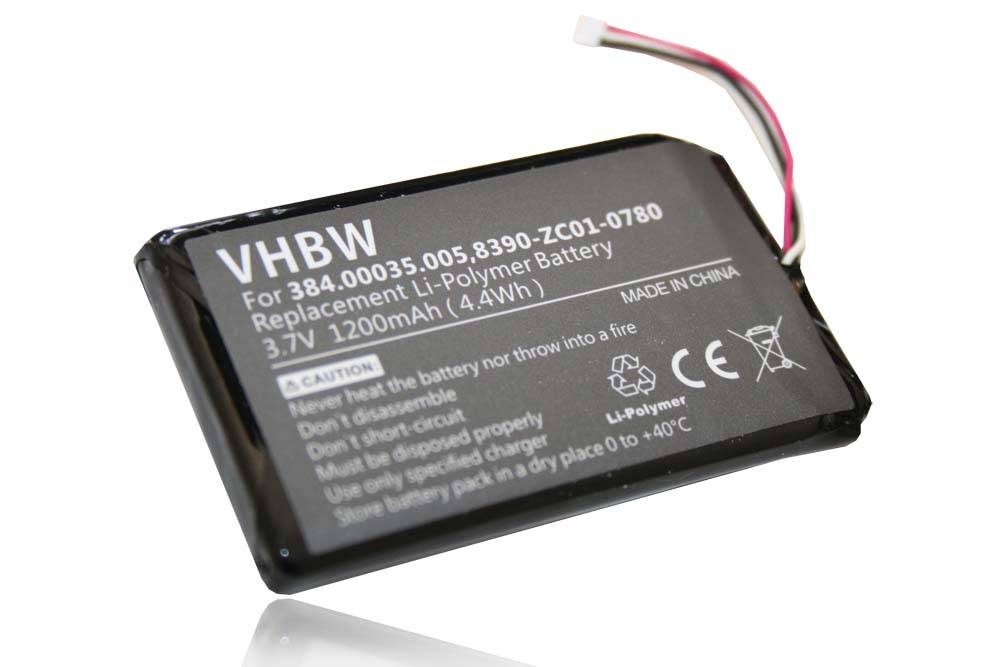 Ein rechteckiger Akku mit der Bezeichnung 'VHBW' für bestimmte Gerätemodelle, mit folgenden Spezifikationen: 3,7V, 1200mAh, Li-Polymer. Enthält Sicherheitshinweise.
