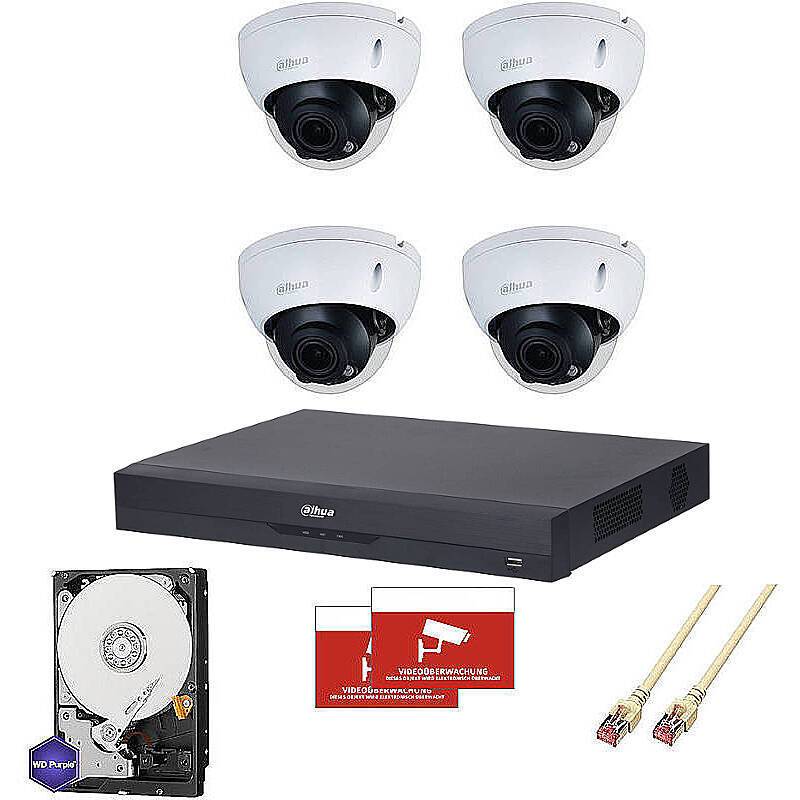 Dahua Set IP 4x Dome 4MPx PoE + 8-CH NVR, Set-Inhalt:2x Aufkleber, NVR Rekorder, 4 TB Festplatte, 4x Dome Kamera, 4x 30