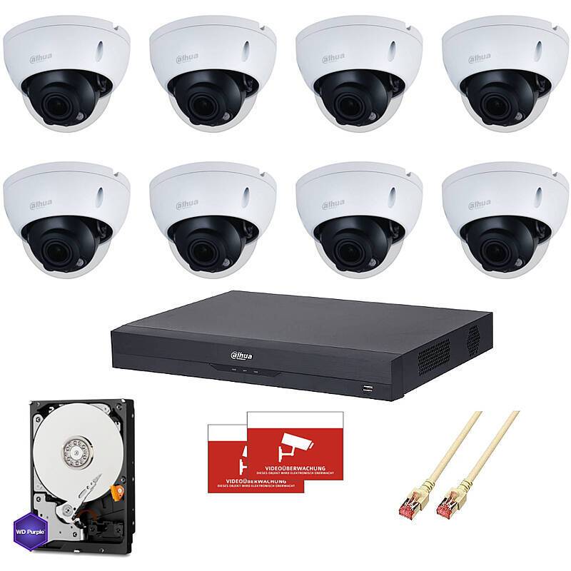 Sicherheitskamerasystem-Set: Acht Domkameras, eine Aufnahmeeinheit, eine Festplatte und zwei Ethernet-Kabel. Ideal zur Überwachung.