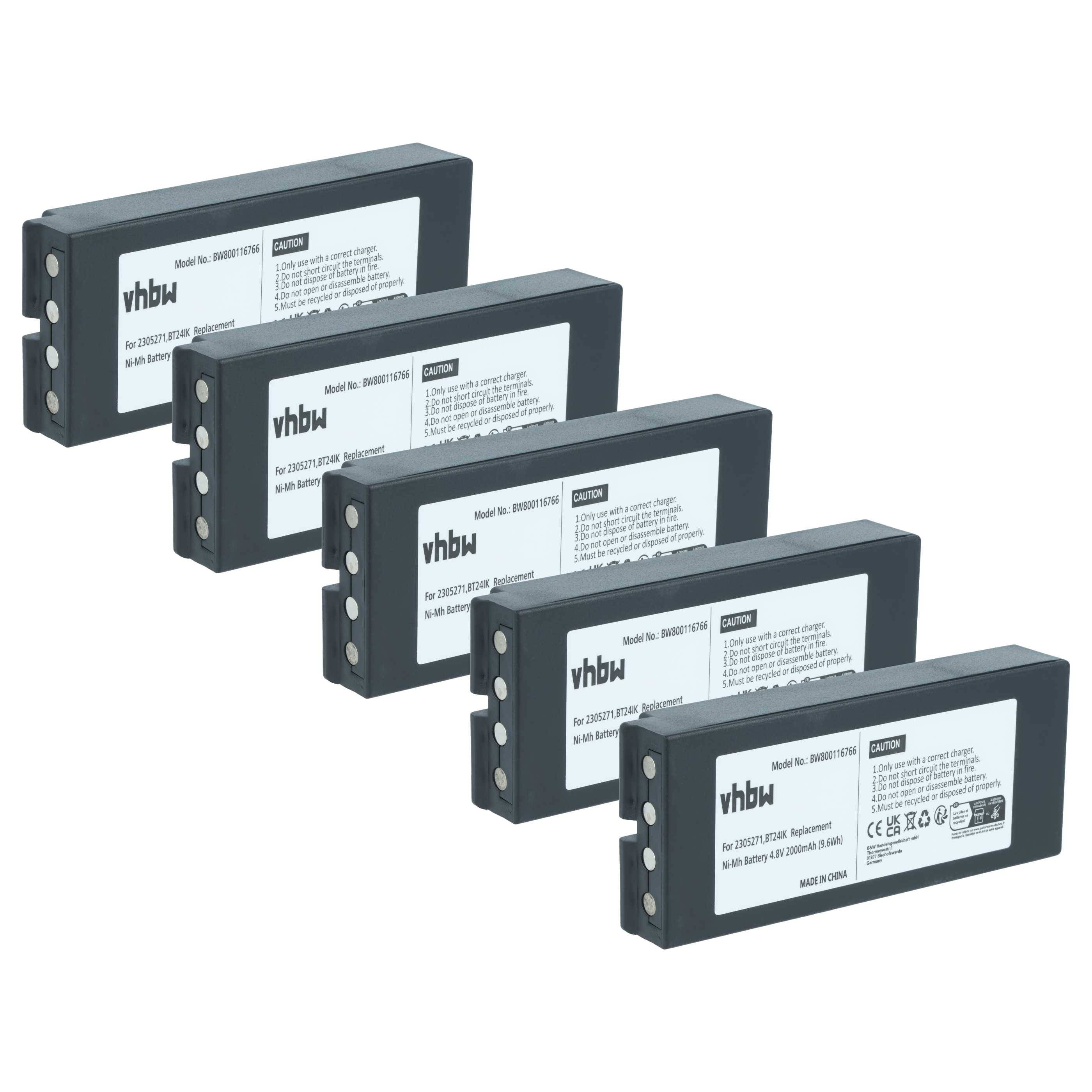 Fünf schwarze, rechteckige vhbw Batterien, die in einer versetzten Linie angeordnet sind, jede mit weißen Etiketten, die Spezifikationen und Warnhinweise zeigen.