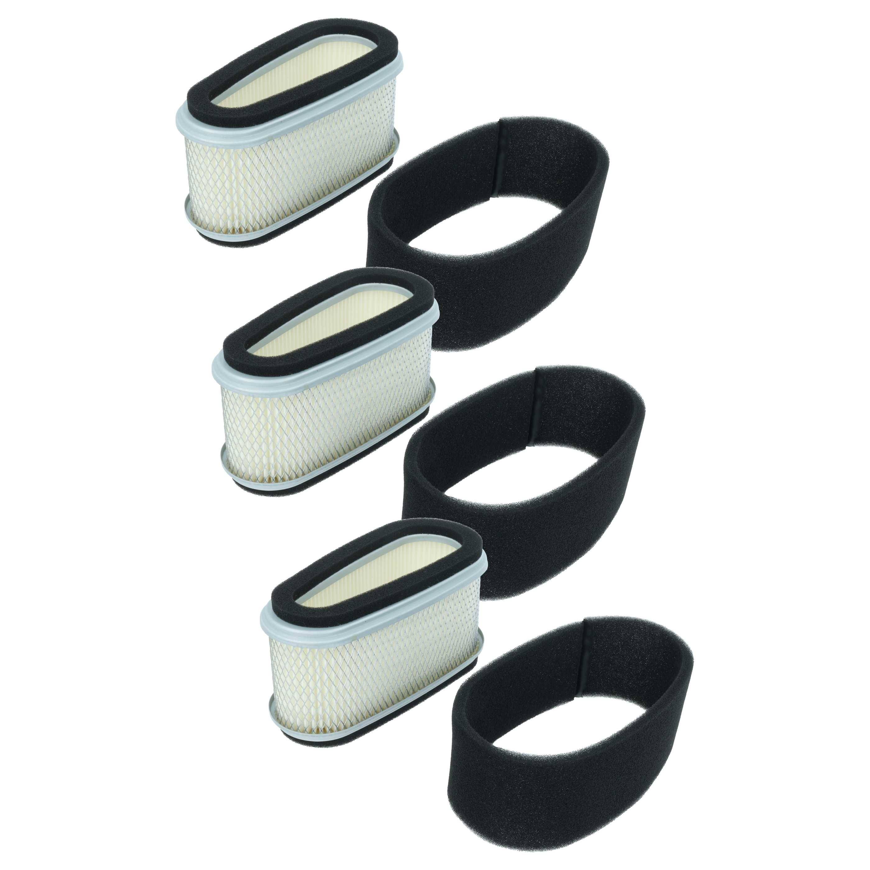 Drei Luftfilter mit passenden schwarzen Schaumstoff-Vorfiltern, vertikal angeordnet. Jeder weiße Filter verfügt über einen Metallrahmen und eine ovale Form.