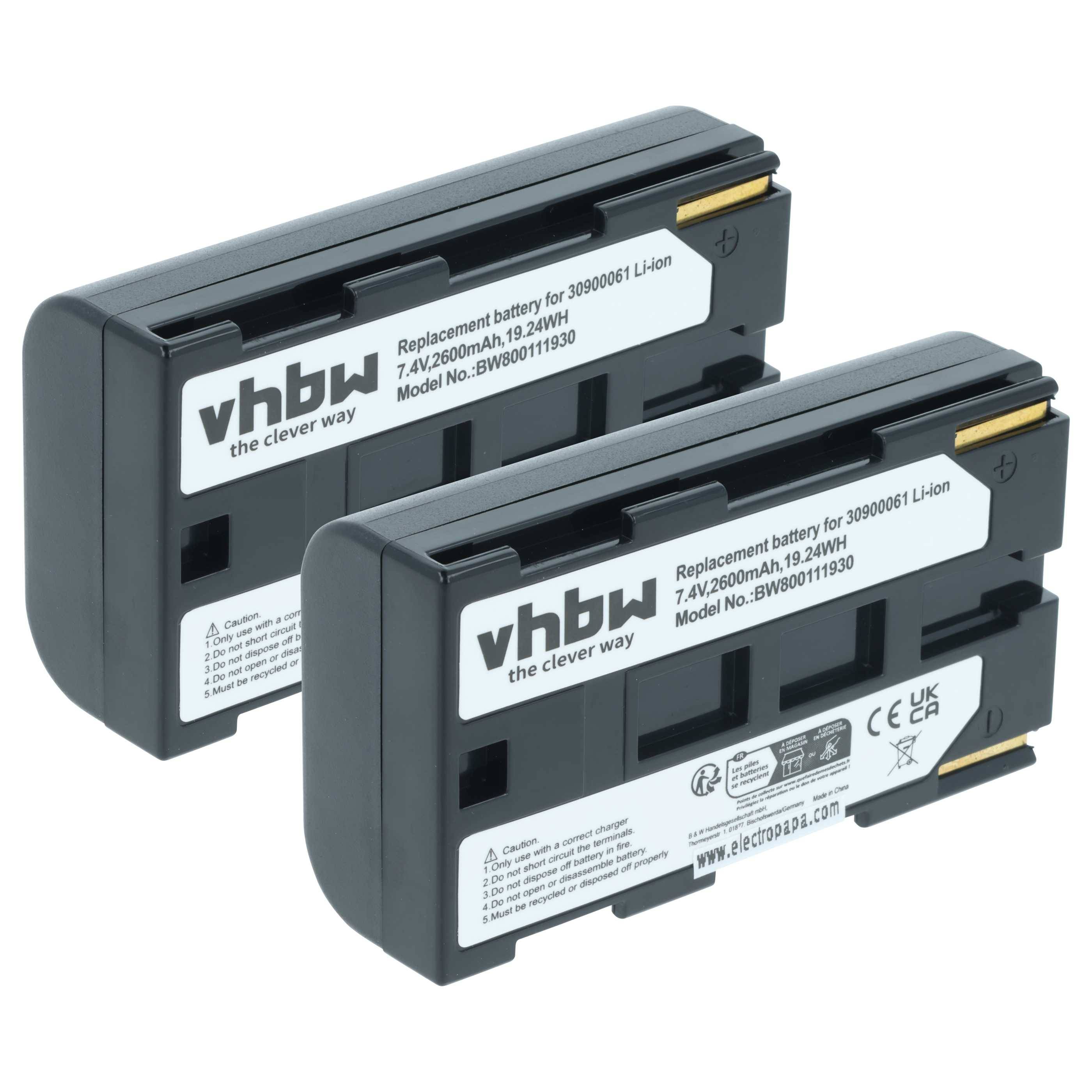 Zwei vhbw Marken-Ersatzakkus, Modell 3900061 für Li-Ionen-Geräte, gekennzeichnet mit 7,4V 2600mAh 19,24Wh, mit Konformitäts- und Sicherheitszeichen versehen.
