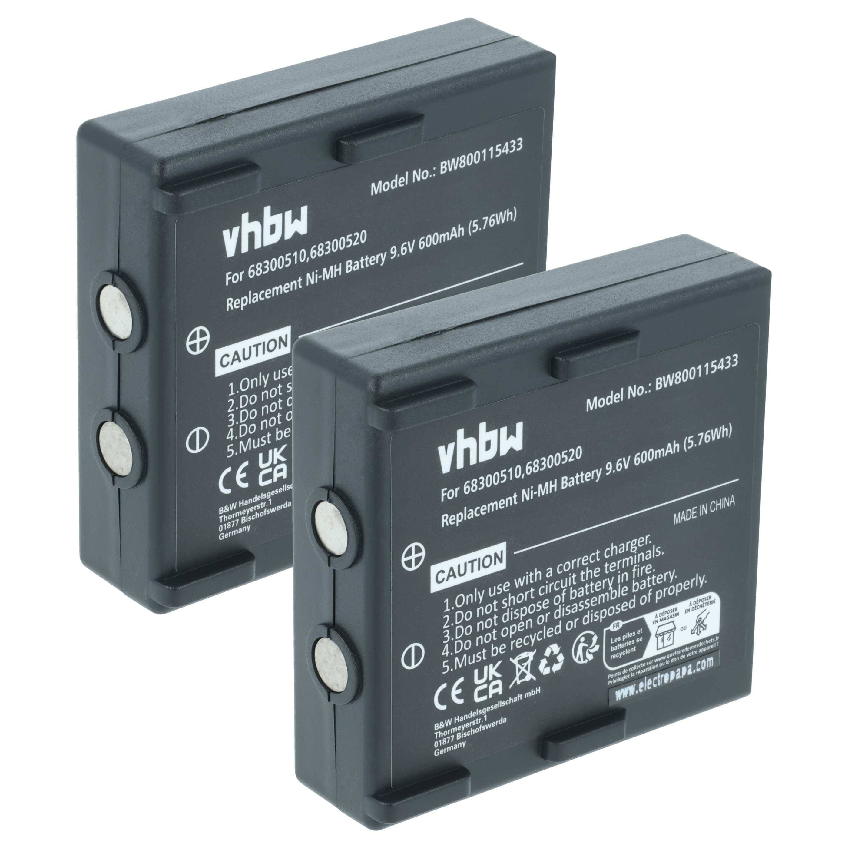 Zwei vhbw Ersatzbatterien für 9,6V-Geräte, je 600mAh, mit sichtbaren Warnhinweisen.