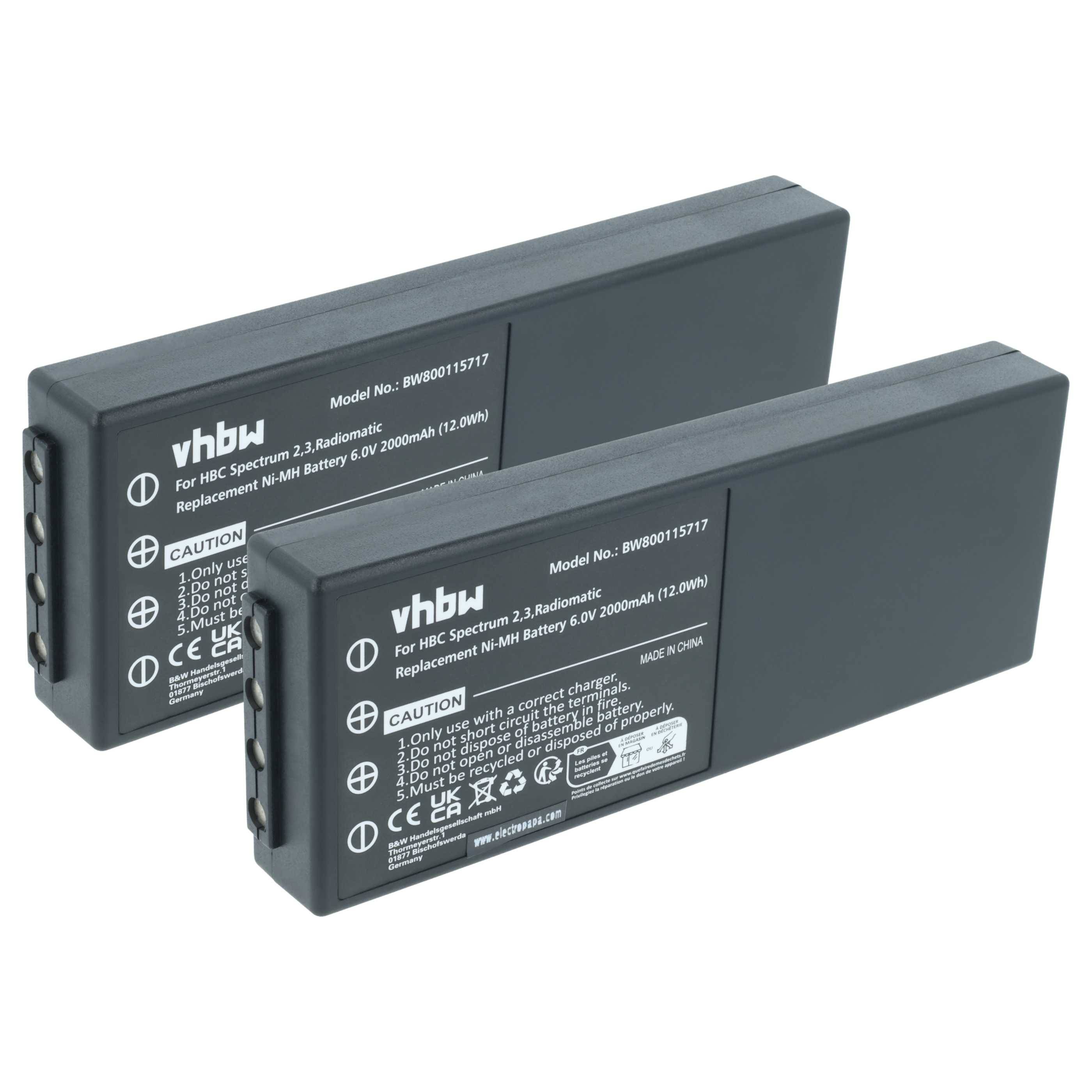 Zwei rechteckige schwarze Batterien mit Etiketten, die sie als Ersatz-Ni-MH-Batterien, Typ 'vhbw', 6V, 2200mAh, 13,2Wh kennzeichnen.