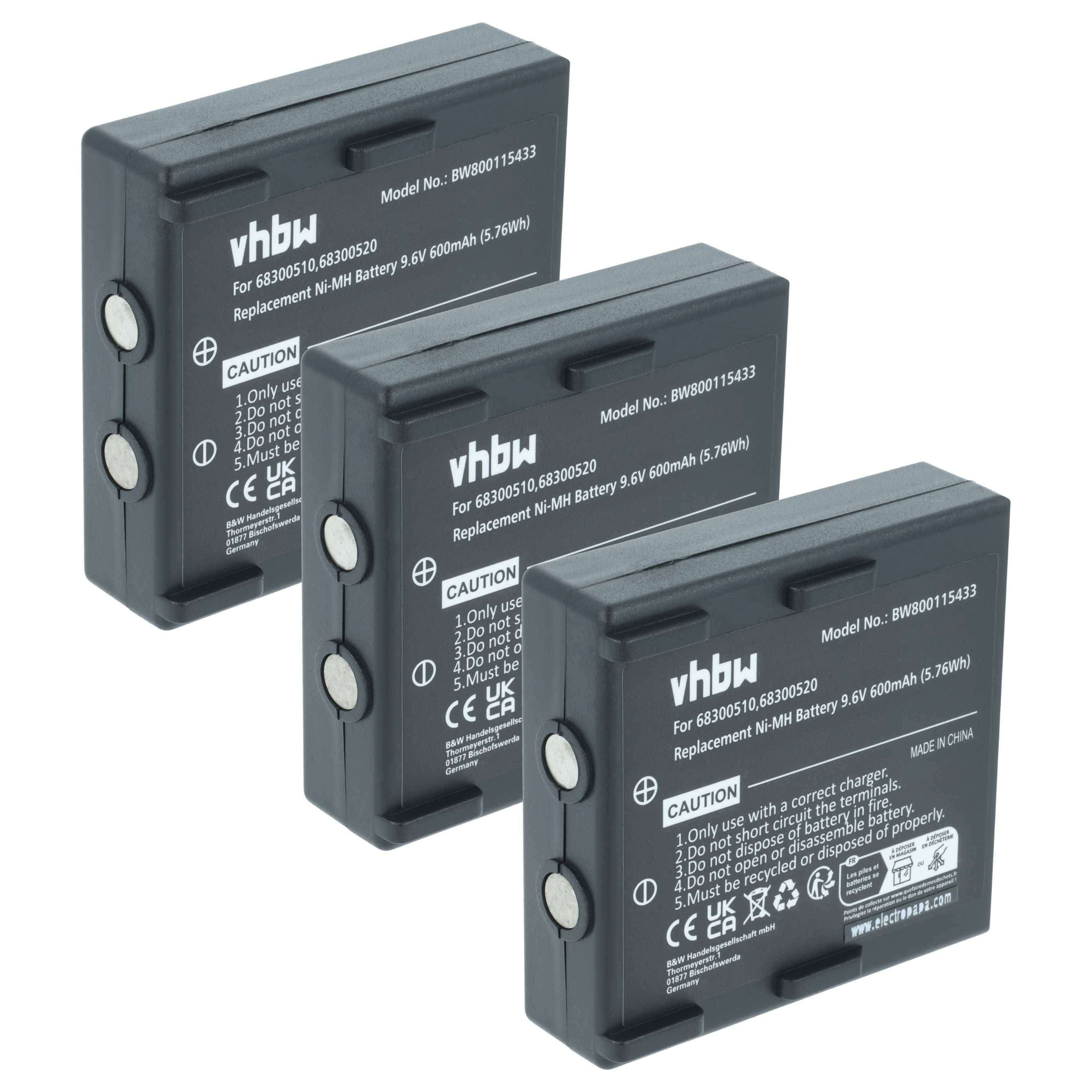Drei schwarze vhbw Akkupacks für 8,4V Camcorder, Modell BW800115432, mit Warnhinweisen und Spezifikationen, die darauf gedruckt sind.