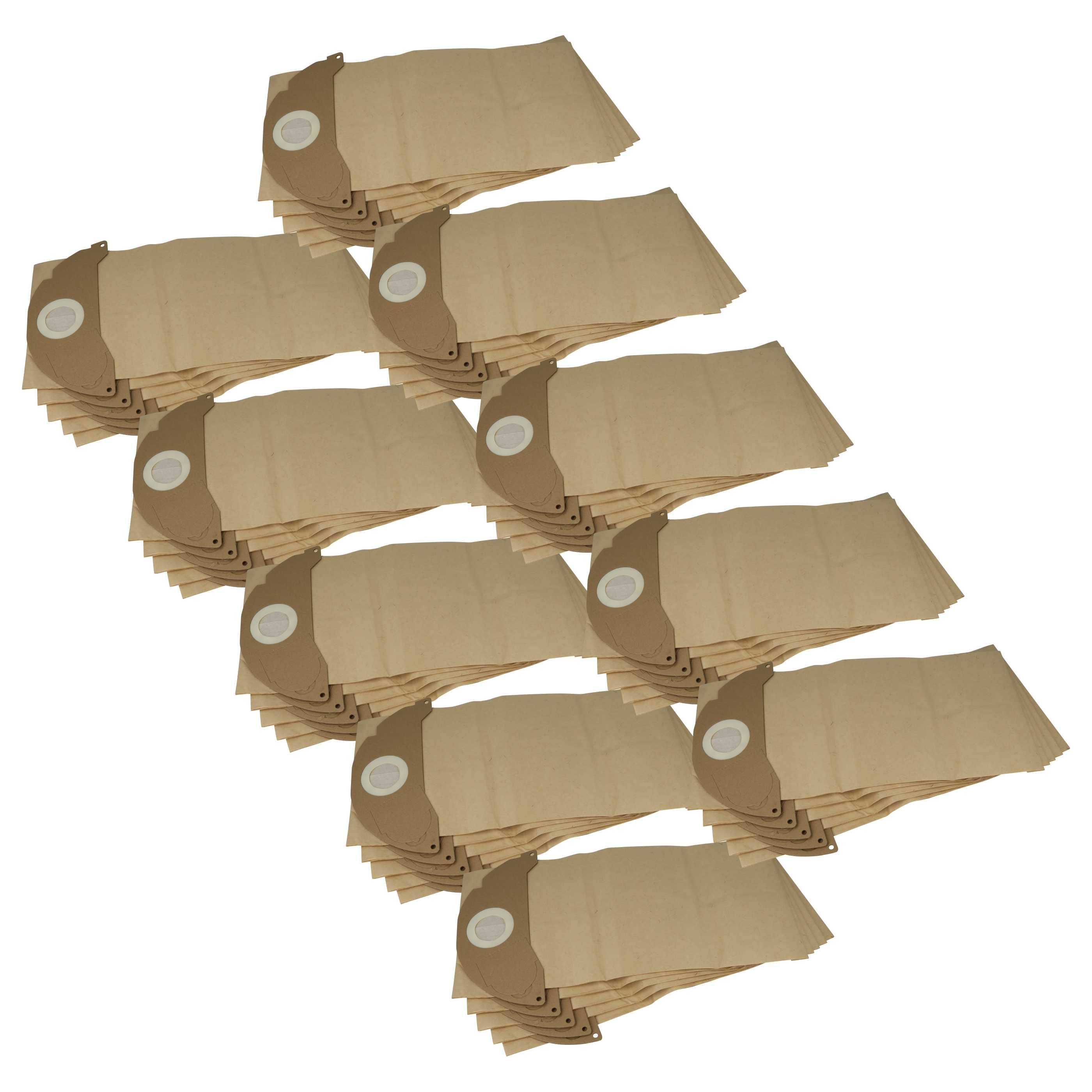 Mehrere Staubsaugerbeutel in einer gestapelten Anordnung, die aus braunem Papier gefertigt sind und jeweils eine weiße kreisförmige Öffnung aufweisen.