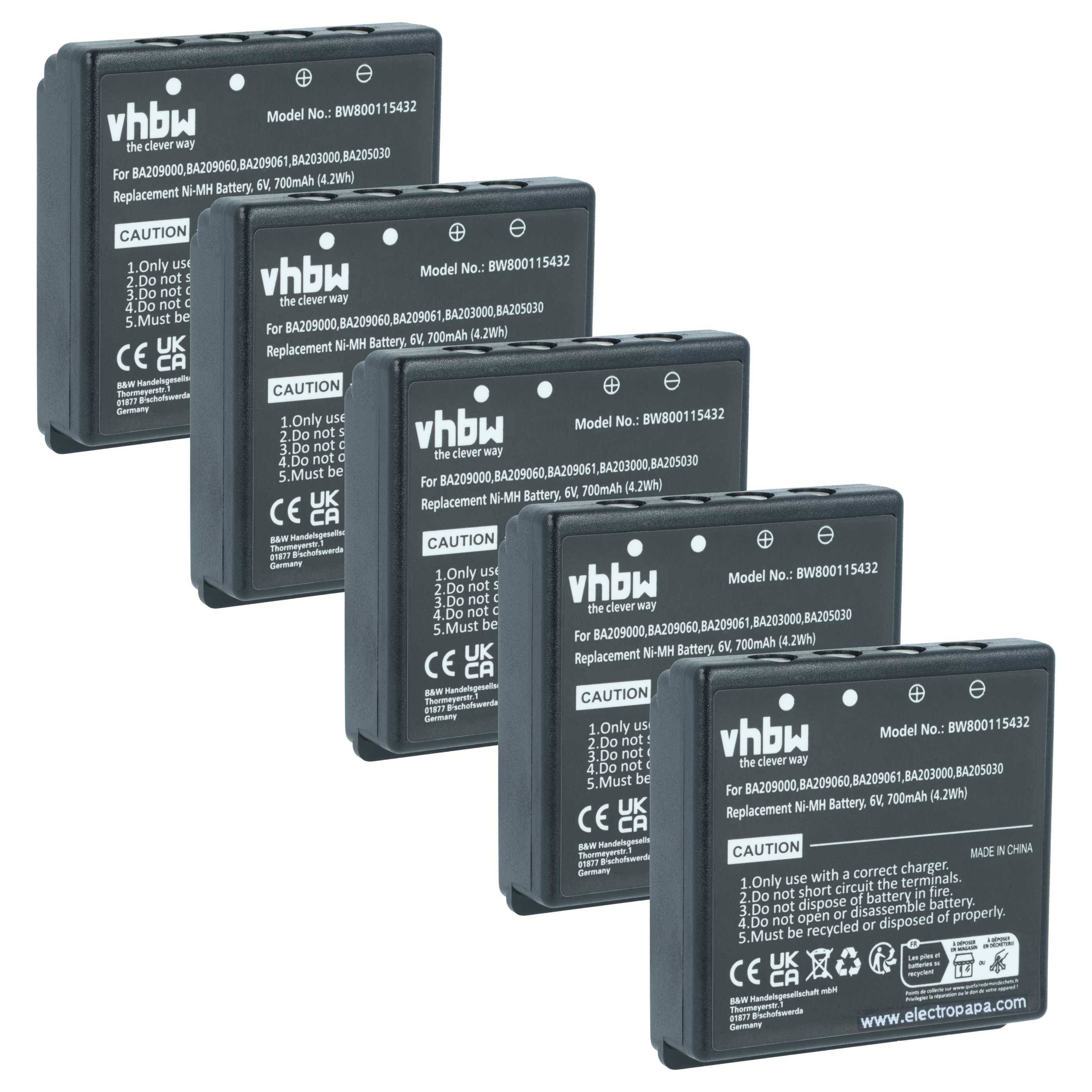 Fünf vhbw Kamerabatterien, Modell BW800115432, mit Etiketten zur Kompatibilität und Sicherheitshinweisen.