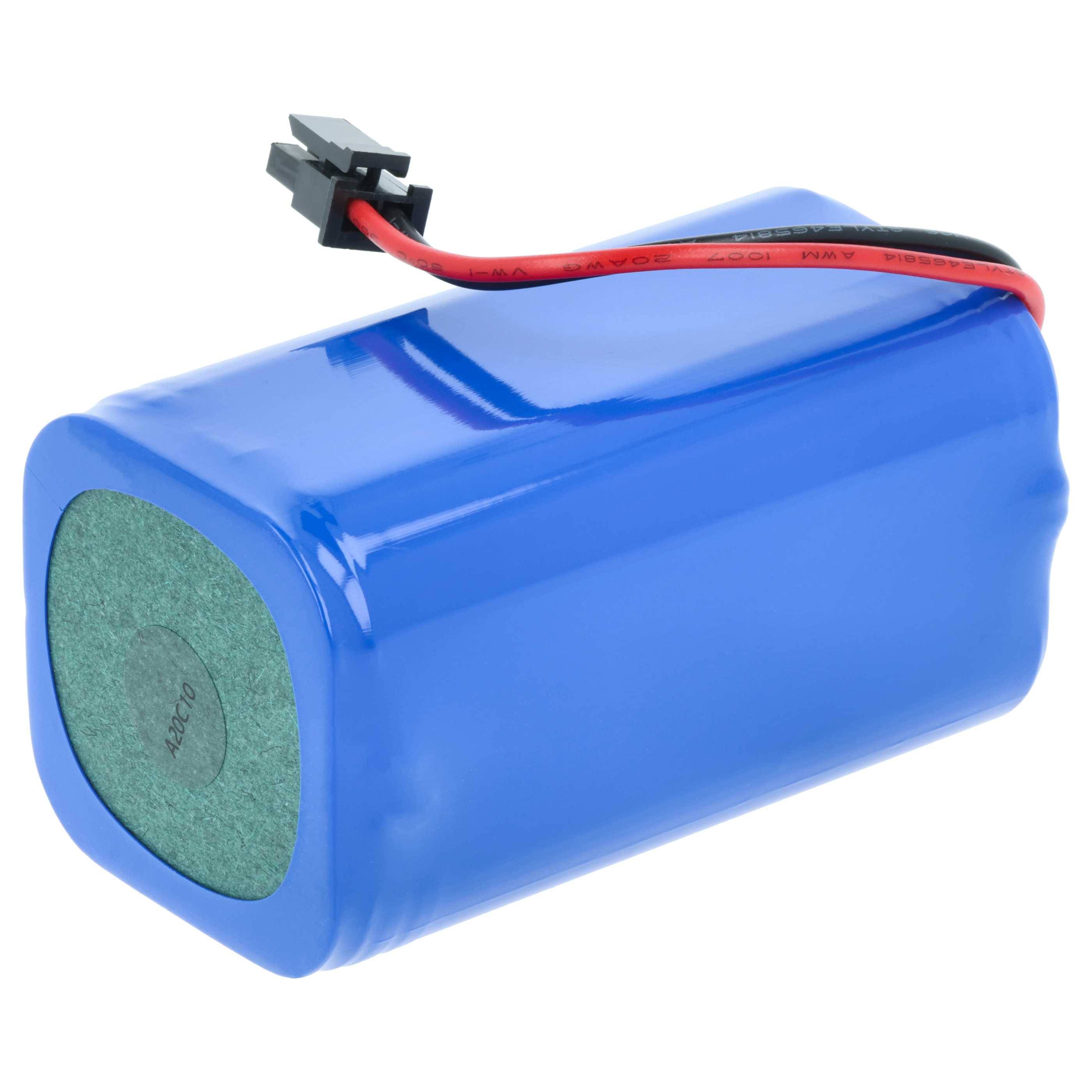 Ein blauer zylindrischer Akkupack mit einem rot-schwarzen Kabel und Anschluss für elektronische Geräte.