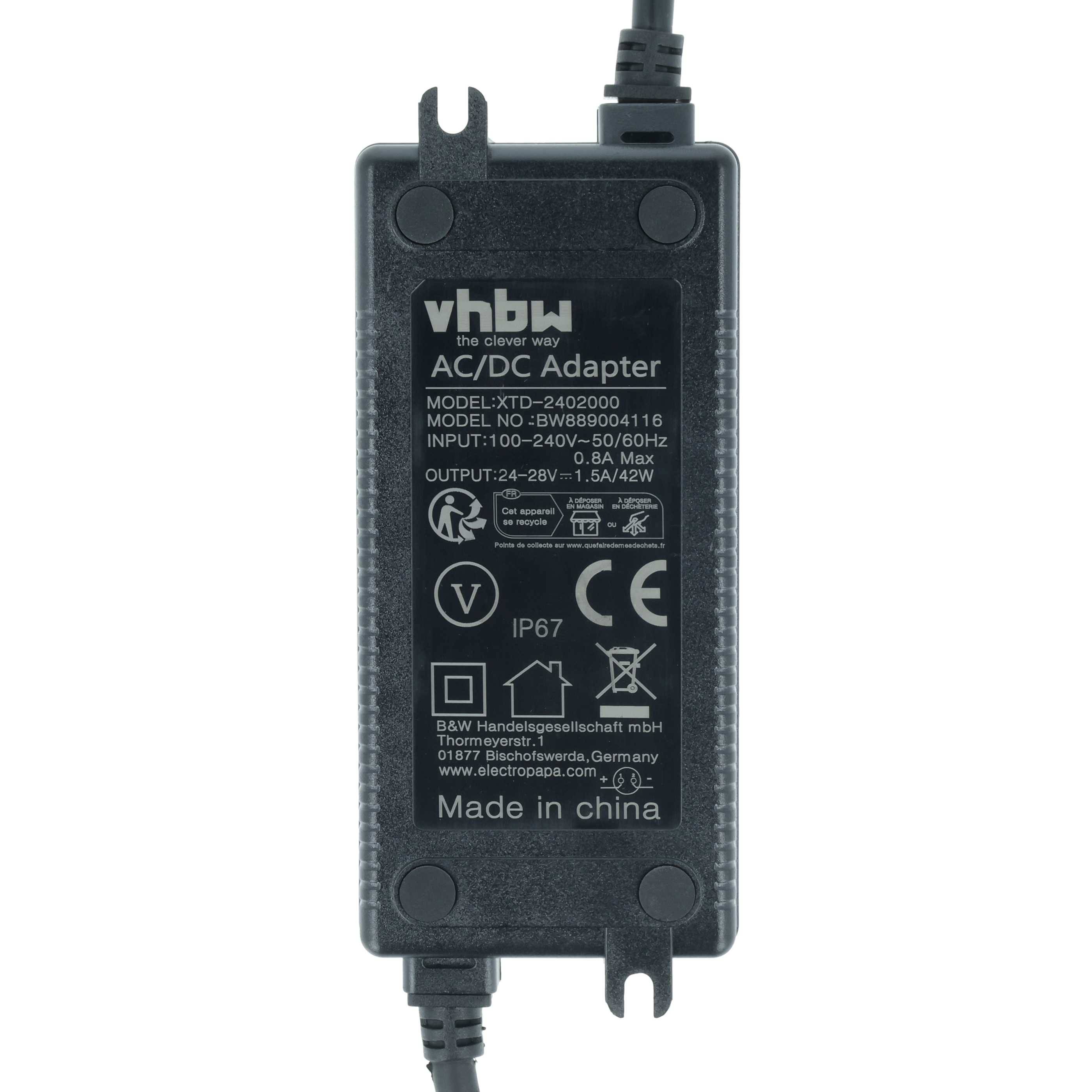 vhbw AC/DC Adapter' mit Spezifikationen wie Modell XTD-2402000, Eingangsspannung 100-240V, Ausgangsspannung 24-28V 2A, IP67-Schutzart und 'Made in China'.
