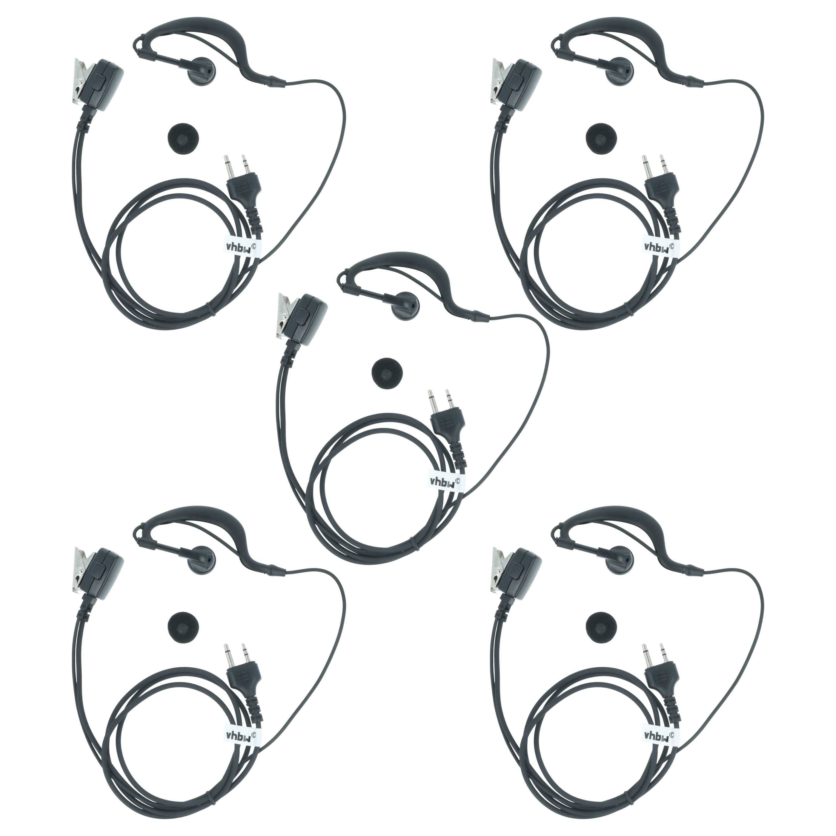 Fünf schwarze zweipolige Kopfhörer mit Mikrofonen und einzelne Ohrhörer, die in einem symmetrischen Muster angeordnet sind.