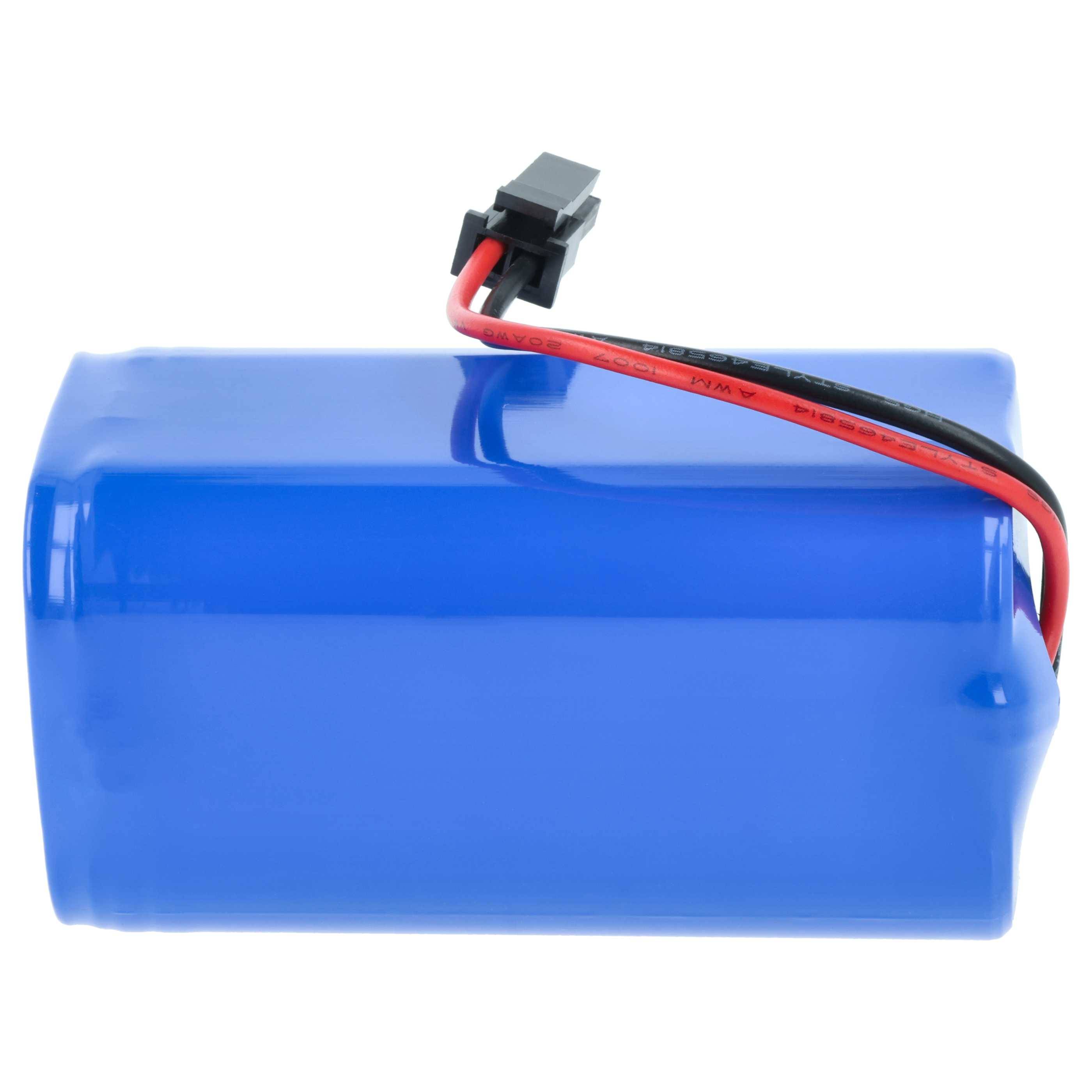 Ein blauer rechteckiger Akkupack mit roten und schwarzen Kabeln, die an einen schwarzen Anschluss angeschlossen sind.