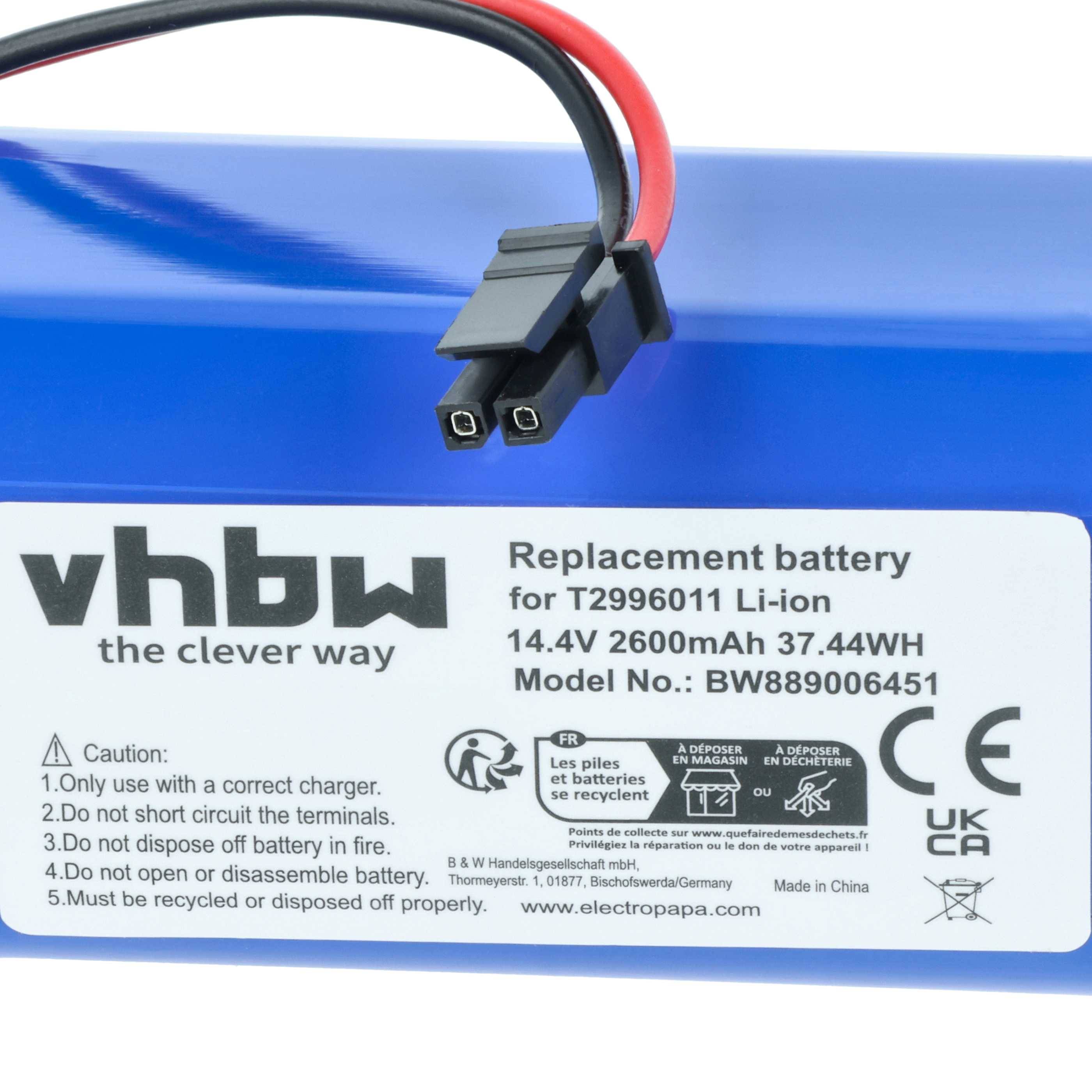 Eine blaue VBW-Lithium-Ionen-Batterie mit 14,4V Kapazität, Modell T2996011, mit Warnhinweisen zur korrekten Ladegerätnutzung und sicheren Entsorgung.