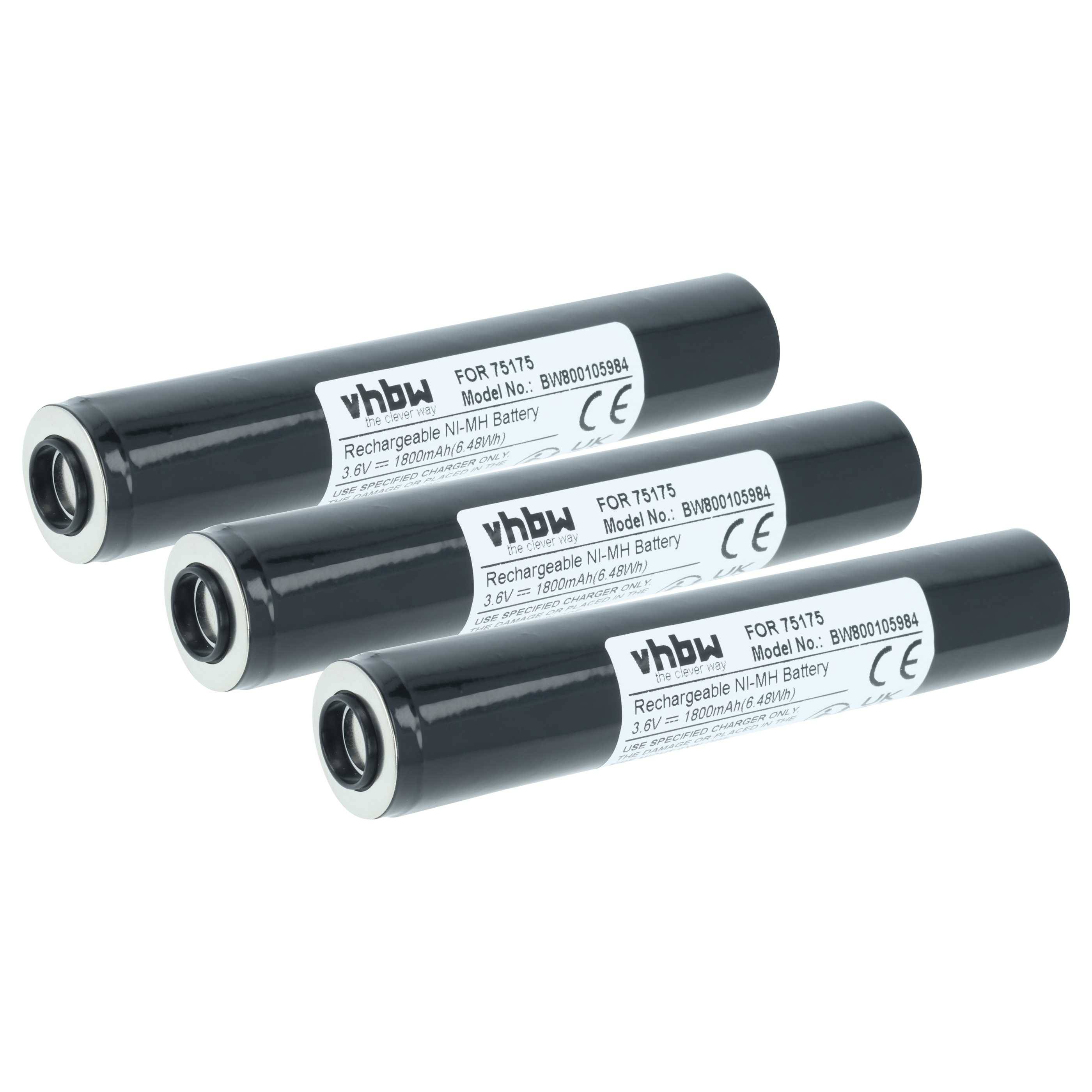 Drei schwarze wiederaufladbare Ni-MH-Batterien, gekennzeichnet mit 'Modell-Nr.: BWB00109884', '3,6V 1500mAh', von der Marke 'vhbw'.