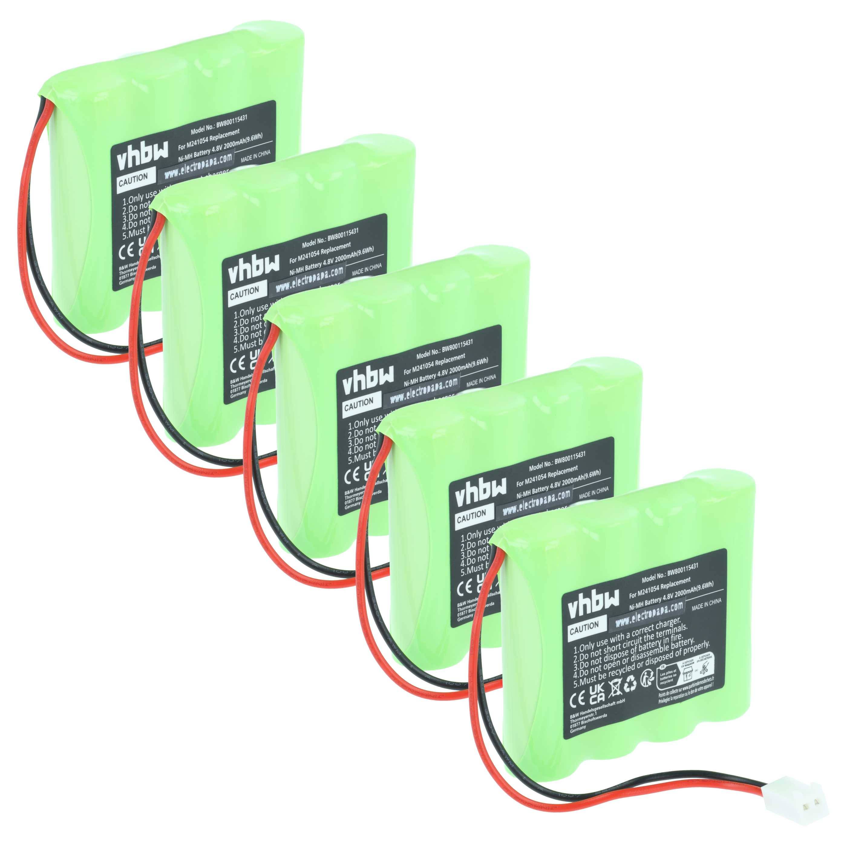 Fünf grüne wiederaufladbare Batteriepacks, mit vhbw gekennzeichnet, mit roten und schwarzen Drähten und Steckverbindern, in zwei Reihen angeordnet.