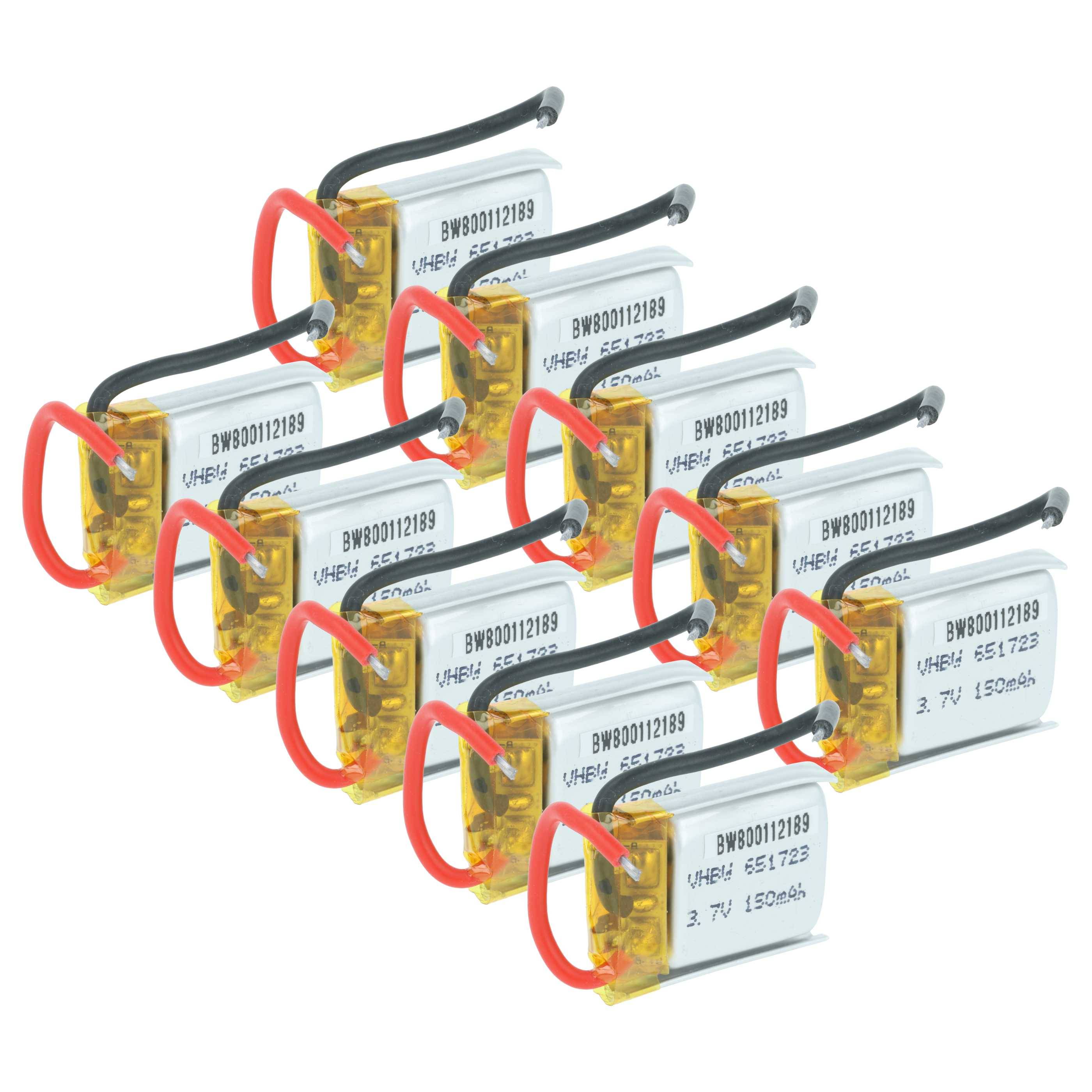 Neun 3,7V 150mAh Lithium-Polymer-Akkus mit roten und schwarzen Kabeln nebeneinander, geeignet für kleine elektronische Geräte.