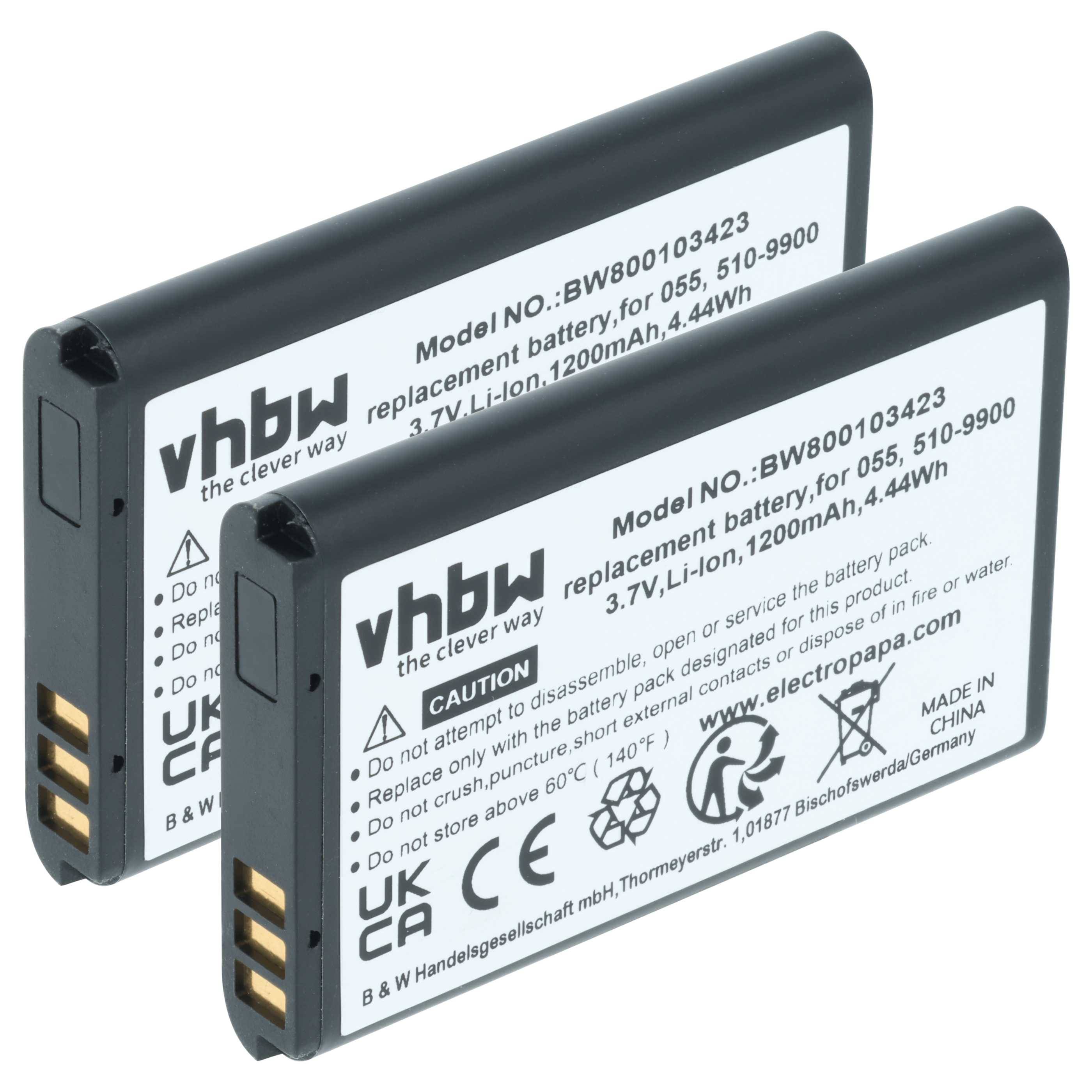 Zwei vhbw Ersatzbatterien, Modell BW800103423, 3,7V Li-Ion, 1200mAh, 4,44Wh, gekennzeichnet mit Sicherheits- und Zertifizierungszeichen.