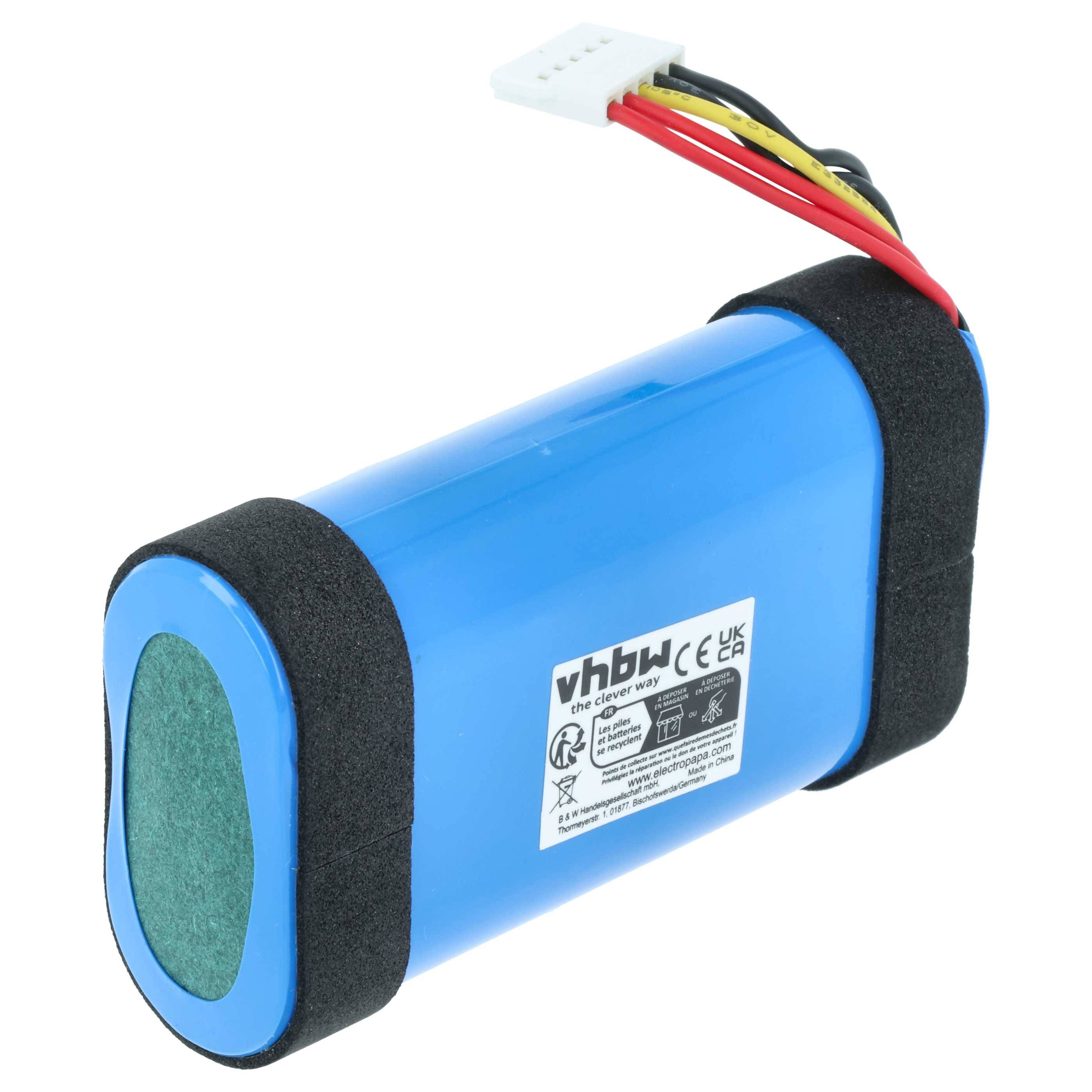 Ein blauer zylindrischer wiederaufladbarer Akkupack mit Etikett, Kabeln und Anschluss; verwendet für elektronische Geräte.