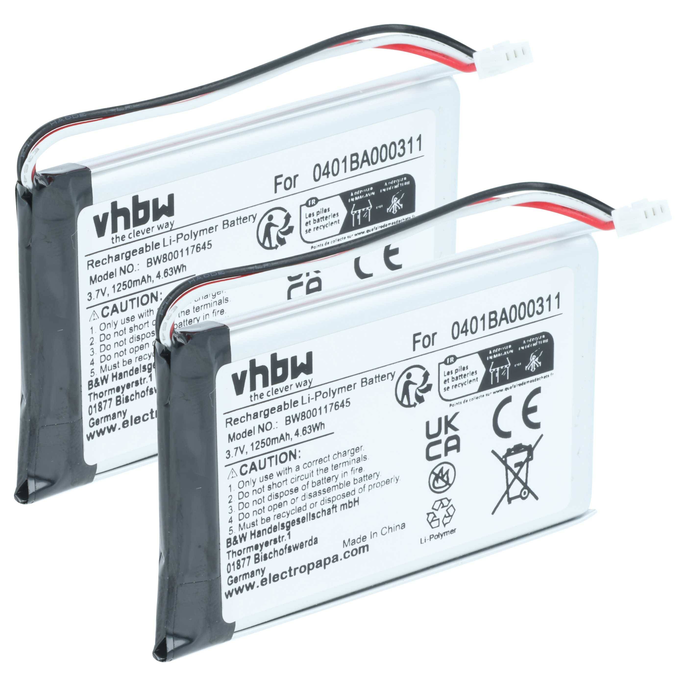 Zwei wiederaufladbare vhbw Lithium-Polymer-Batterien mit der Bezeichnung '0401BA000311', 3,7V, 1250mAh, für angegebene Geräte, mit Steckverbindern.