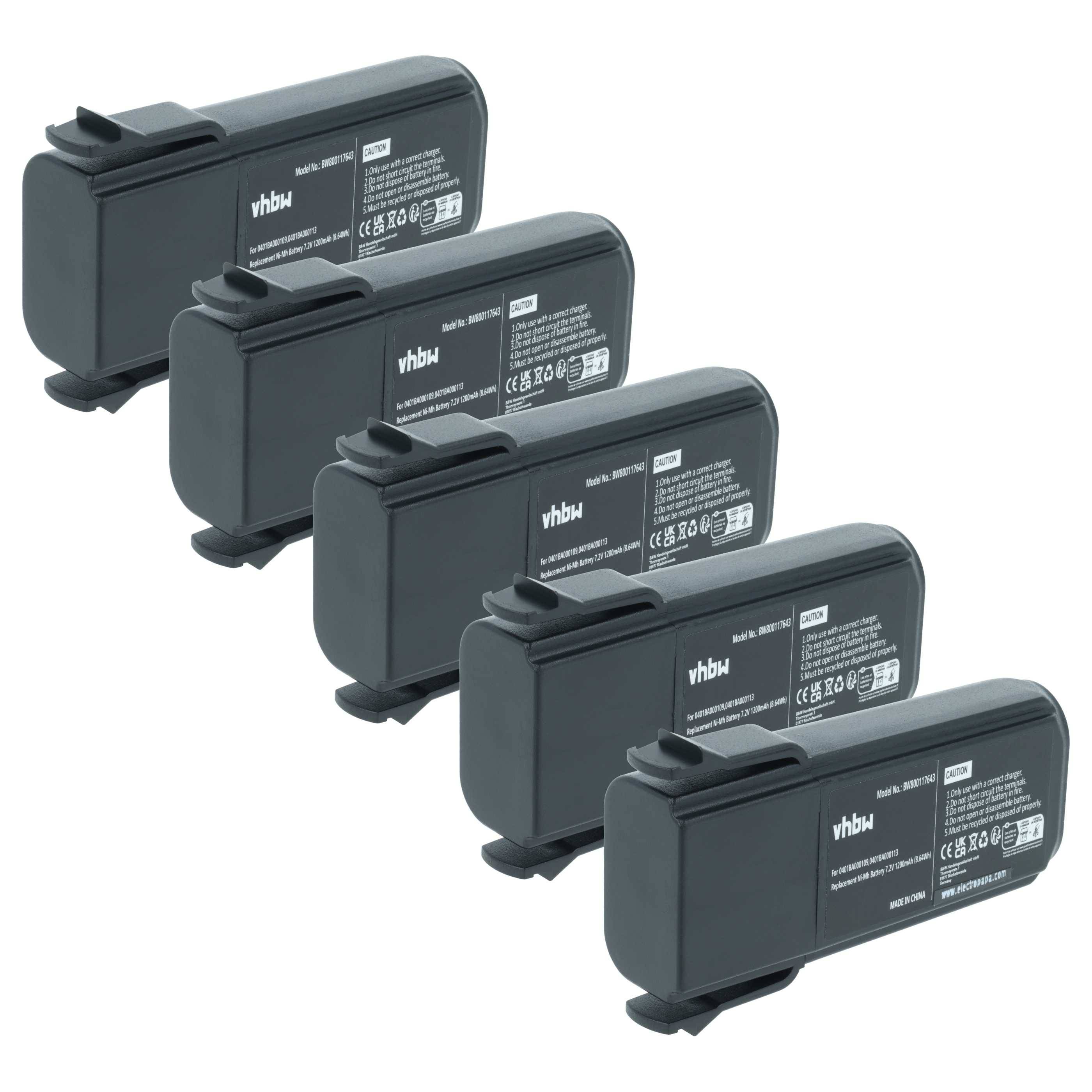 Fünf schwarze wiederaufladbare Kammerabatterien diagonal aufgereiht, jede mit 