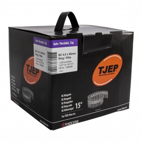 Eine Schachtel mit TJEP-Befestigungssystemen, gekennzeichnet mit 'Galv/Verzinkt, 12μ', die 1200 BC 4.0 x 50mm Ringelnägel enthält, mit einem Tragegriff.