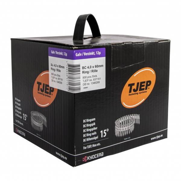 Schachtel mit TJEP-Ringnägeln, Modell BC 4.0 x 60mm, mit Griffgriff oben. Gekennzeichnet mit 'Gavl Verzinkt, 12µ' und Spezifikationen an der Seite.