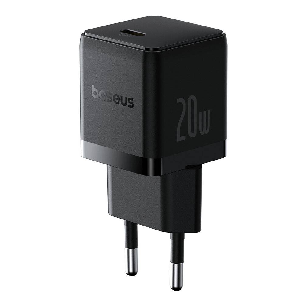 Ein schwarzes 20W-USB-Wandladegerät mit europäischem Stecker, das einen USB-C-Anschluss oben zeigt.
