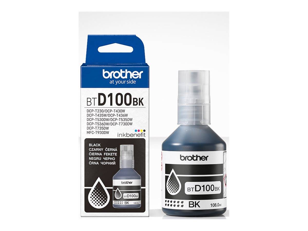 Brother BTD100BK schwarze Tintenfl asche und Schachtelverpackung, beschriftet mit „brother at your side