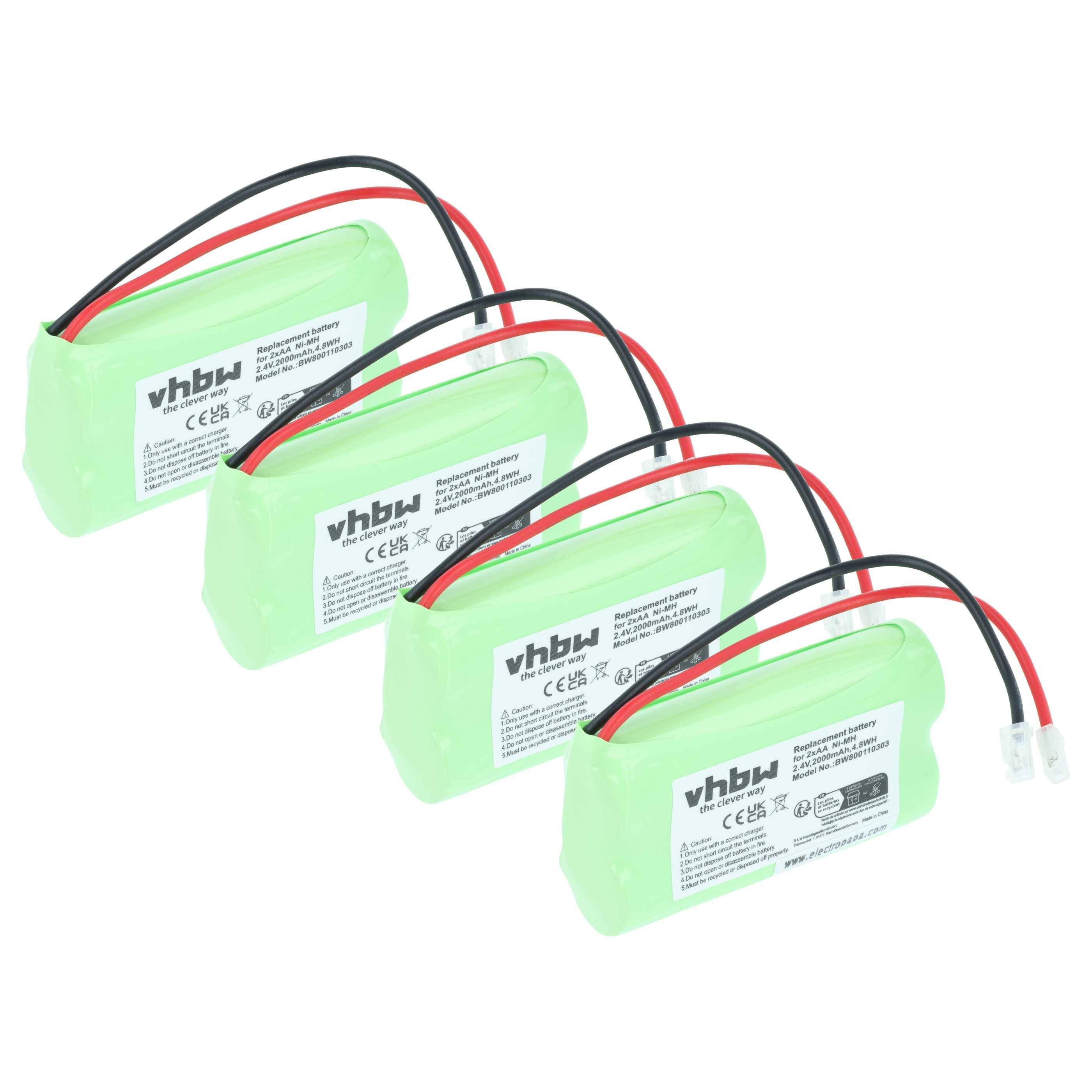 Vier grüne wiederaufladbare Batteriepacks mit der Bezeichnung „vhbw