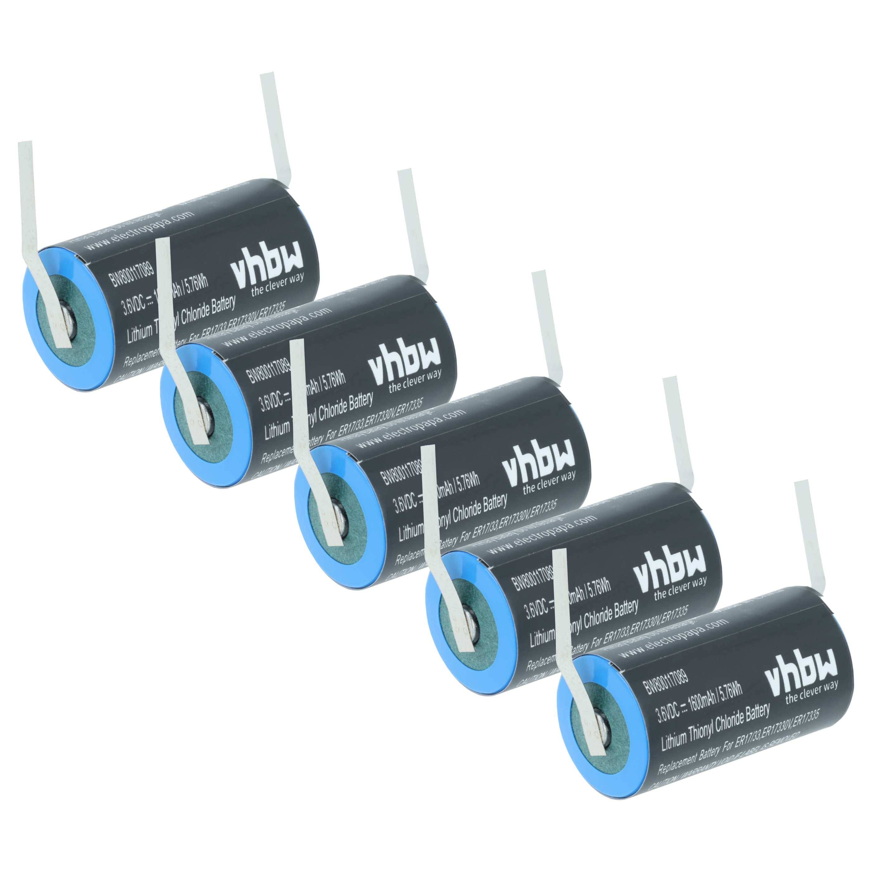 Fünf zylinderförmige VHbw-Lithium-Thionylchlorid-Batterien sind diagonal angeordnet, jede mit einem dunklen Gehäuse und weißem Text.