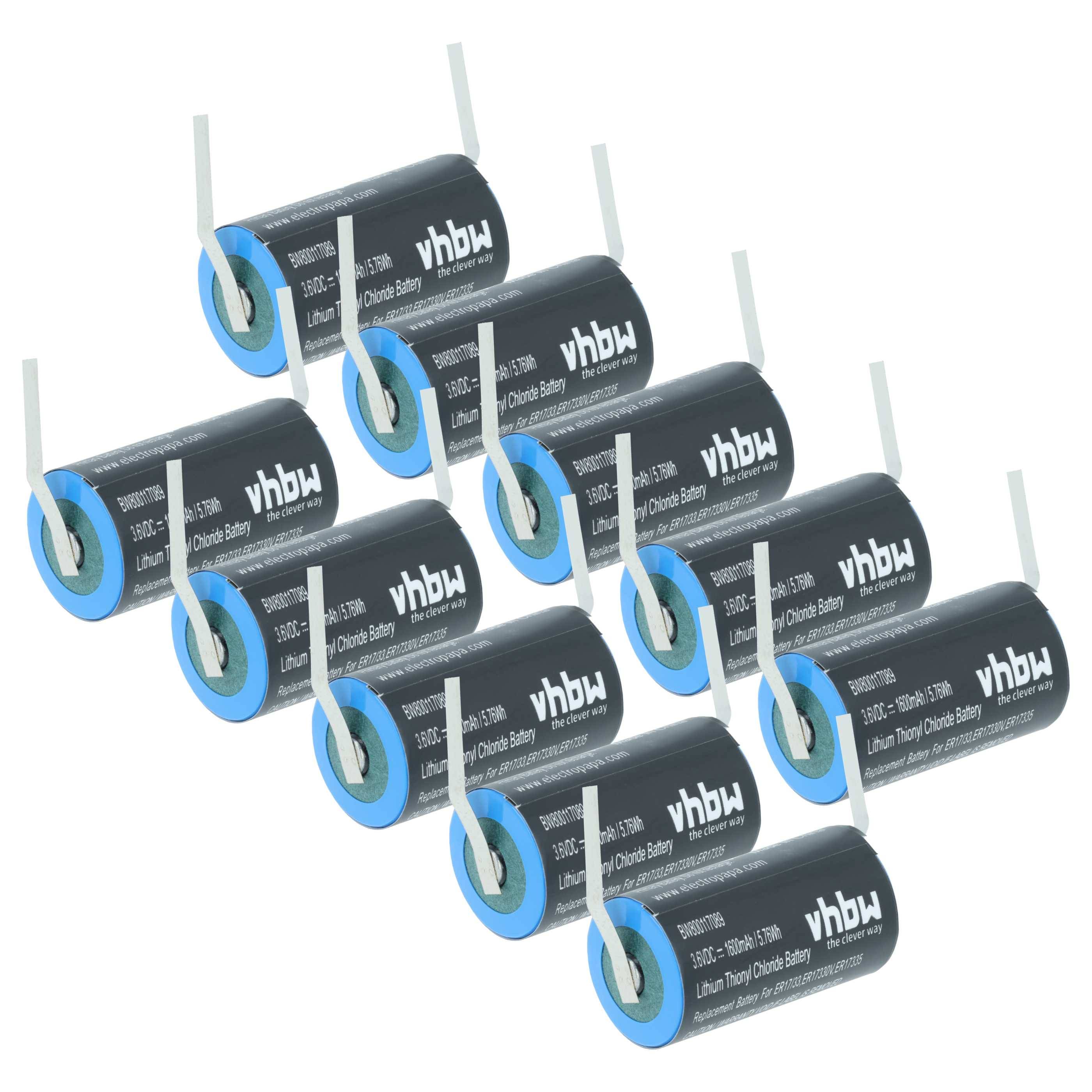 Zehn schwarze zylindrische Batterien mit blauen Rändern und weißen Laschen, beschriftet mit 'vhbw', in zwei Reihen angeordnet.
