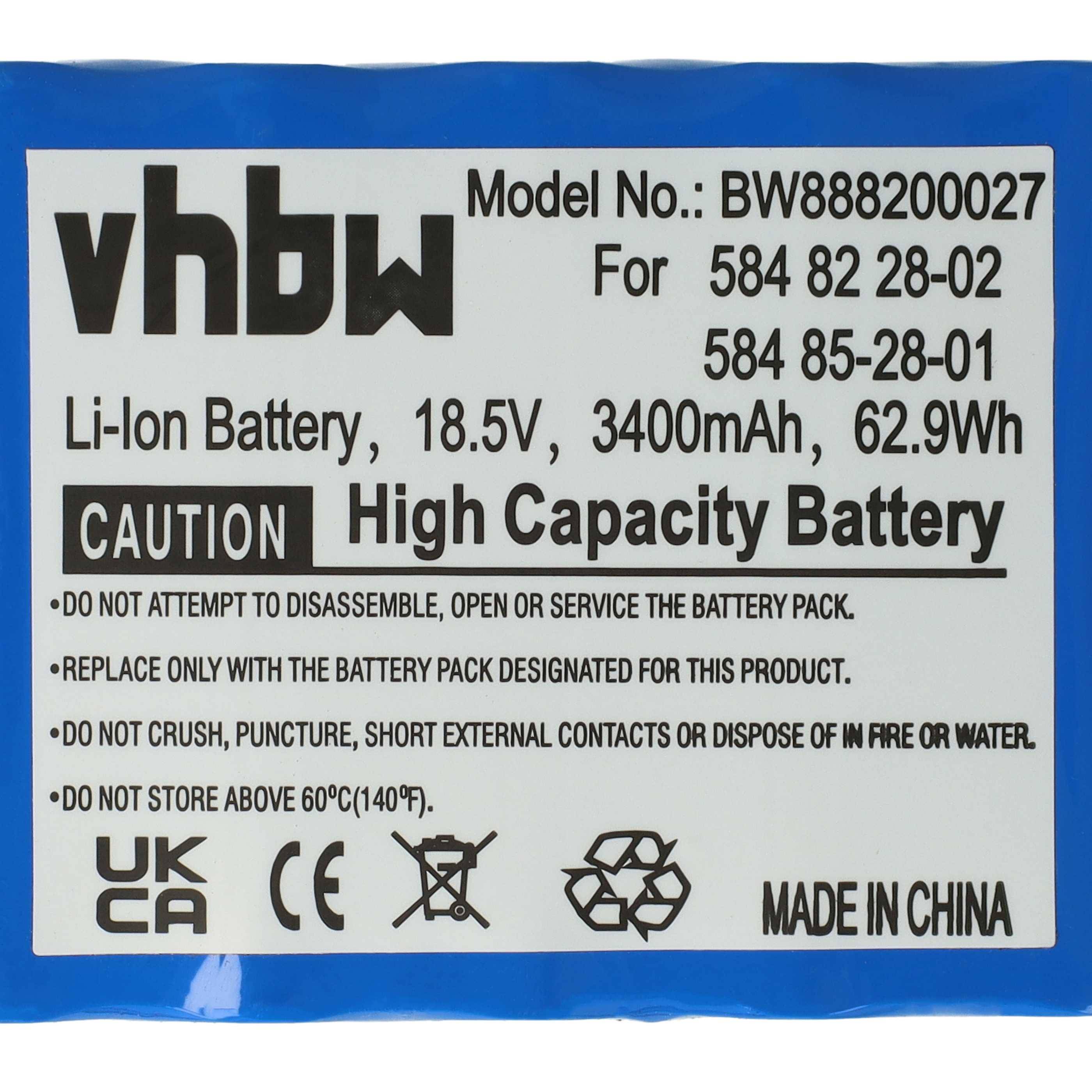Etikett auf einer blauen Lithium-Ionen-Batterie mit Modell BW888200027, 18,5V, 3400mAh, 62,9Wh. Vorsicht: Nicht zerlegen; Hitze vermeiden. Hergestellt in China.