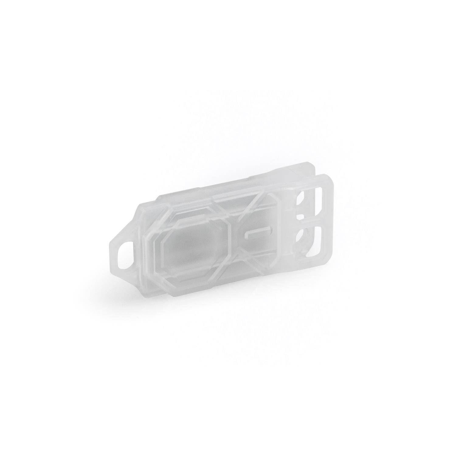 Ein kleiner, transluzenter Plastikbehälter mit rechteckiger Form und geometrischem Design, möglicherweise zur Aufbewahrung oder Organisation verwendet.