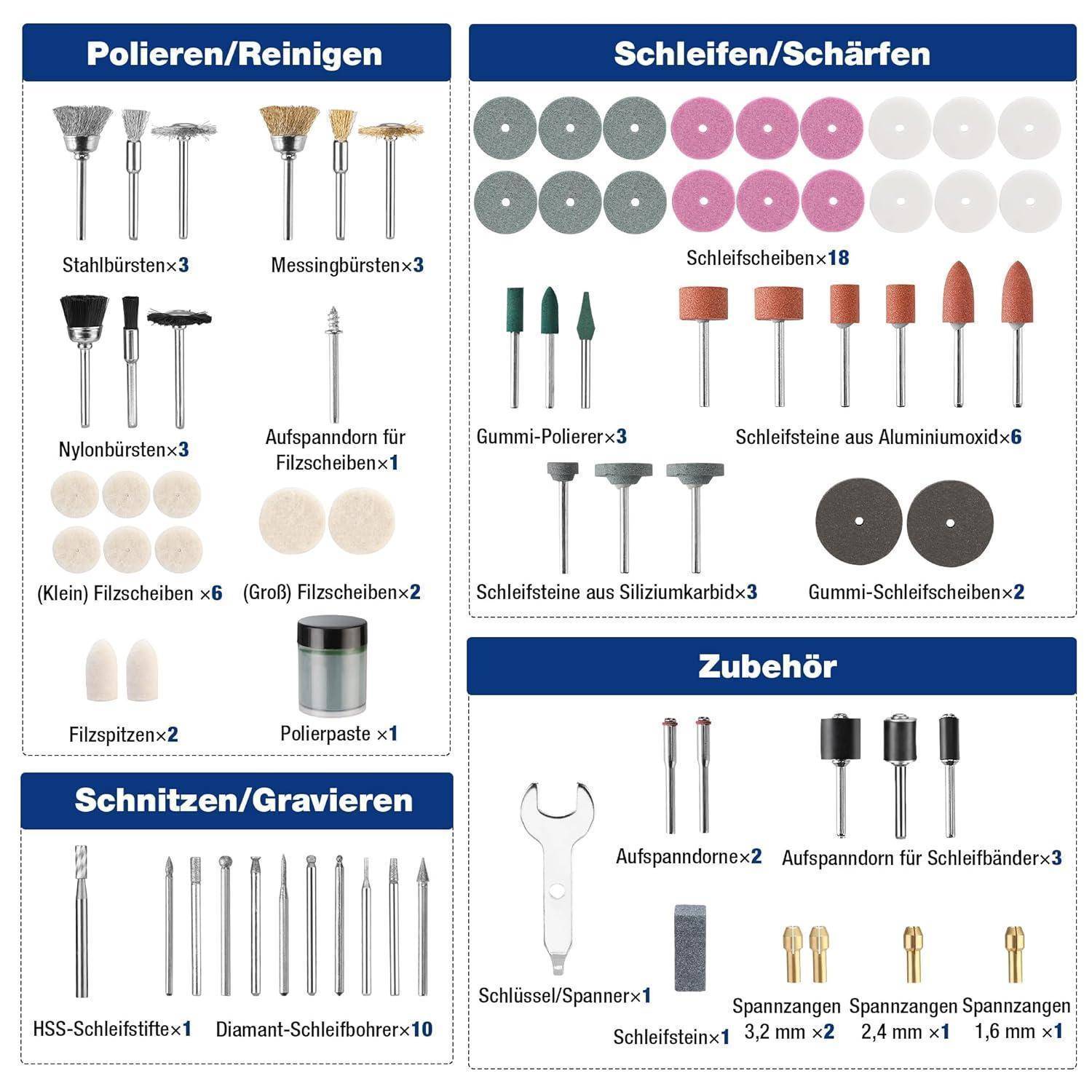 Polieren/Reinigen'-Werkzeuge umfassen Bürsten und Polierräder; 'Schleifen/Schärfen' enthält Schleifscheiben und Schleifsteine; 'Schnitzen/Gravieren' verfügt über Bohrer; 'Zubehör' beinhaltet Schraubenschlüssel und Adapter.