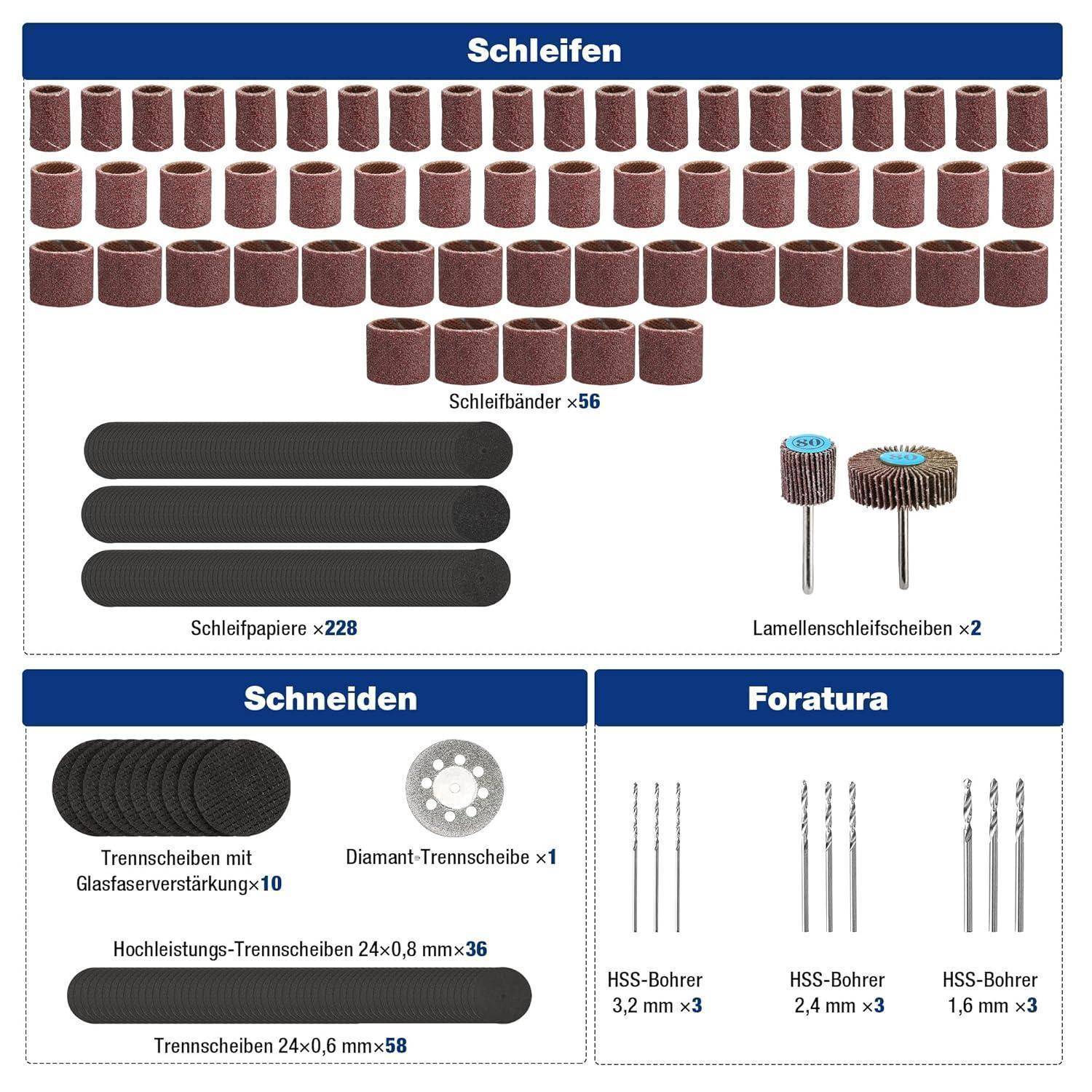 Dremel Zubehörset: Schleifen (Schleifblätter, Schleifbänder, Lamellenschleifscheiben); Schneiden (verstärkte Trennscheiben, Diamantscheibe); Bohren (HSS-Bohrer).