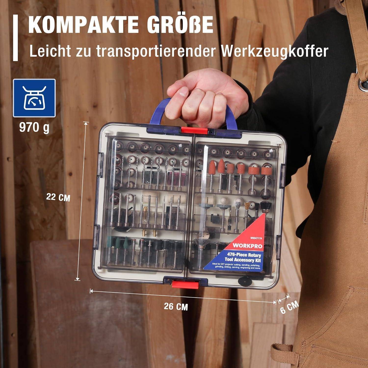 Eine Person hält einen kompakten Werkzeugkoffer, der 970g wiegt, mit der Aufschrift 