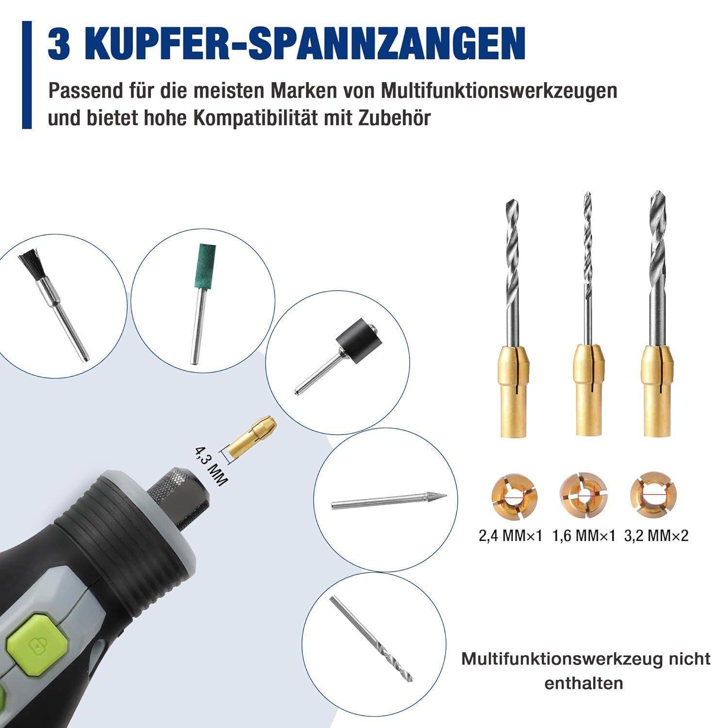 3 Kupfer-Spannzangen, kompatibel mit Multifunktionswerkzeugen, Zubehörkompatibilität hervorgehoben. Bild zeigt Spannzangen, ein Werkzeug und Bohrer.