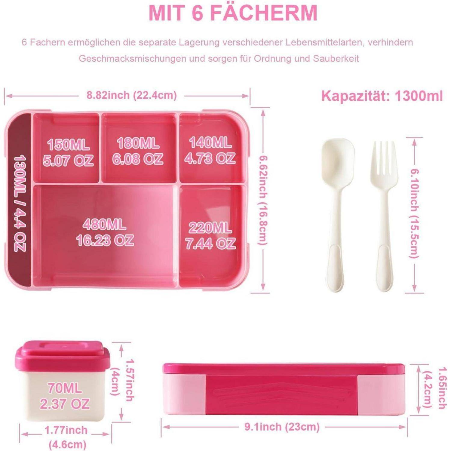Mit 6 Fächern' Brotdose in Pink, Diagramm zur Darstellung der Fachgrößen, Abmessungen in Zoll und ml, Kapazität 1300 ml, mit Löffel und Gabel.