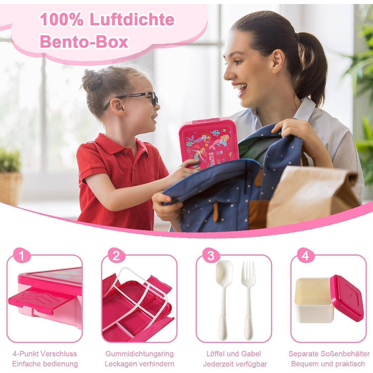 Eine Frau packt mit einem Kind eine Brotdose. Das Bild hebt eine zu 100% luftdichte Bento-Box mit vier Merkmalen hervor: Deckel mit Klickverschluss, Dichtungsring, mitgelieferte Utensilien und separater Saucenbehälter.